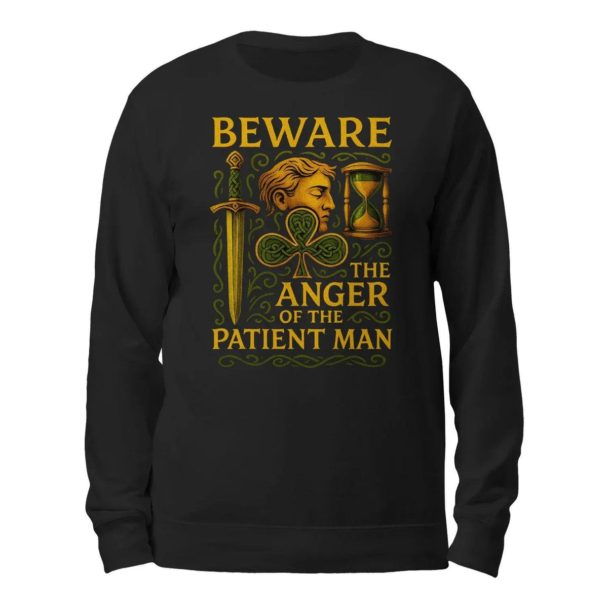 Black crewneck sweatshirt with back 'BEWARE' warning graphic and hourglass illustration