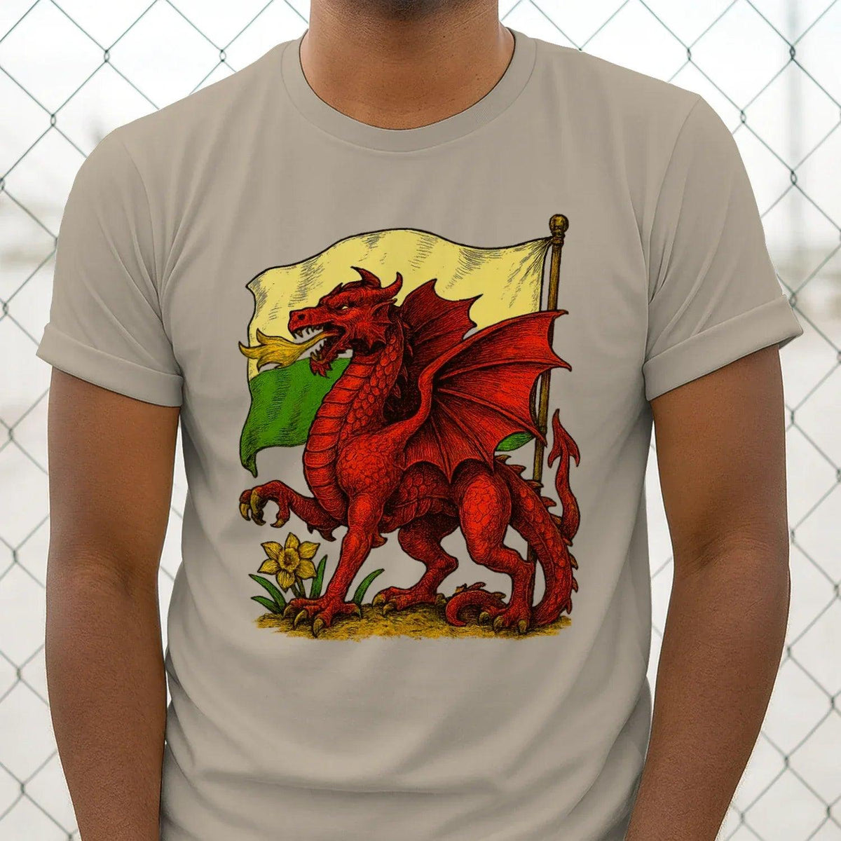 Men's light beige graphic t-shirt with red Welsh dragon and flag emblem on front