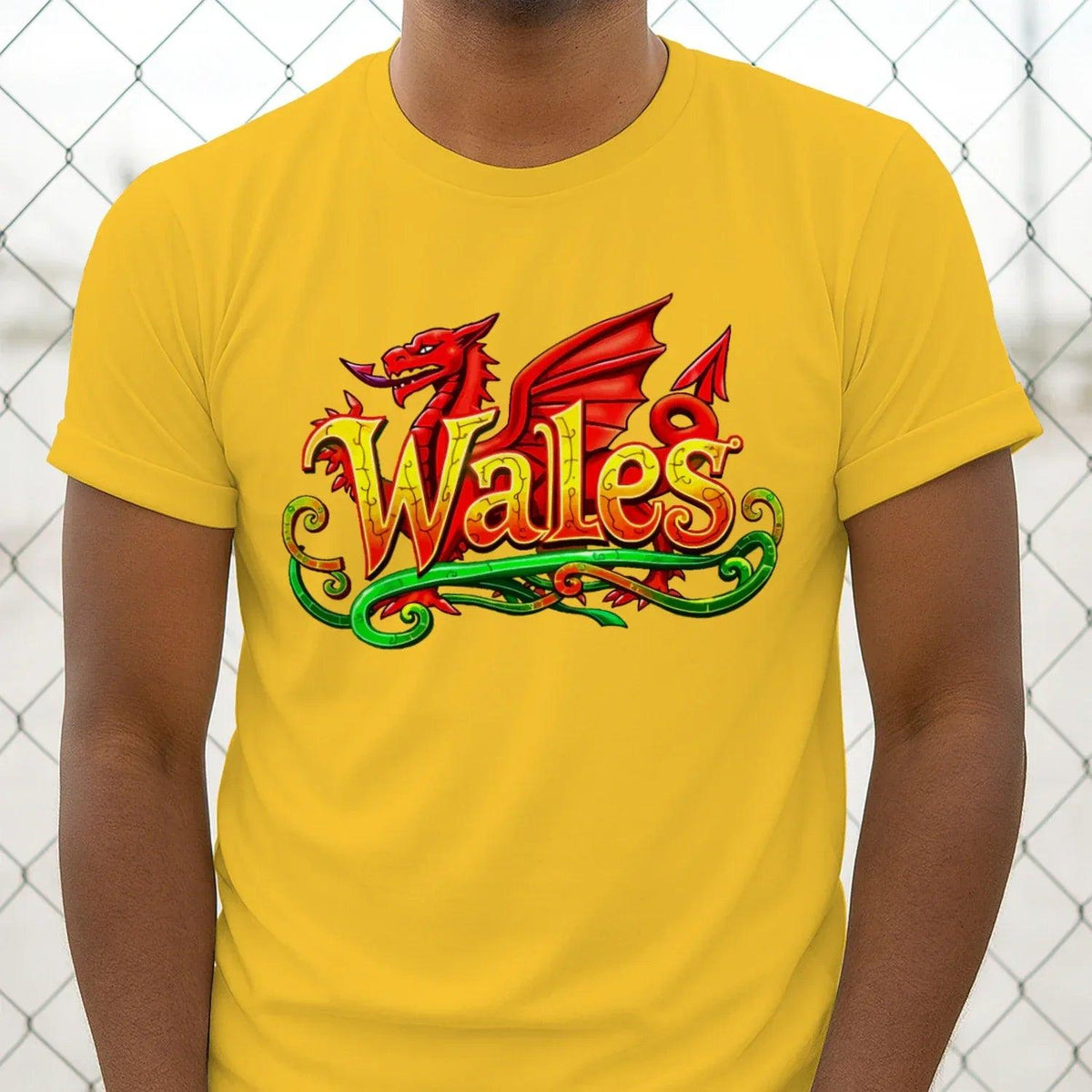 Men's graphic cotton T-shirt, yellow with Wales dragon logo centered