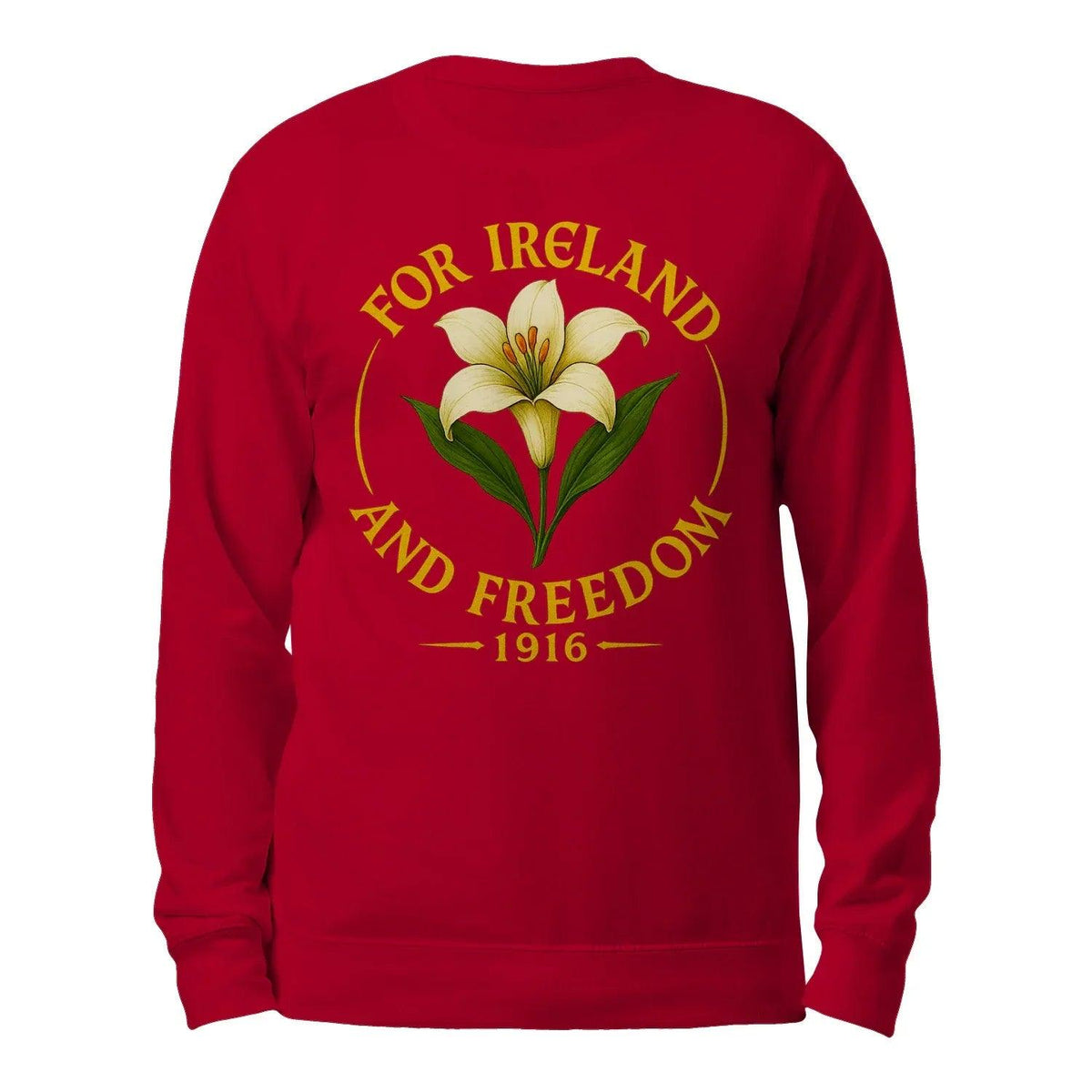 Red crewneck sweatshirt with back graphic circle text and flower emblem