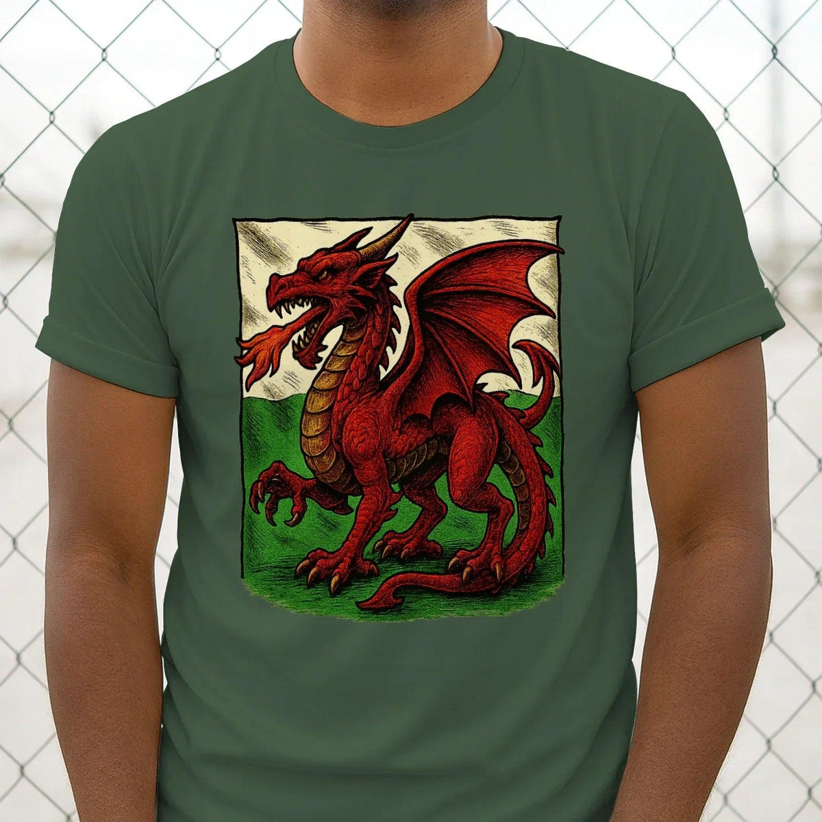Green unisex t-shirt with red dragon emblem graphic centered on the chest