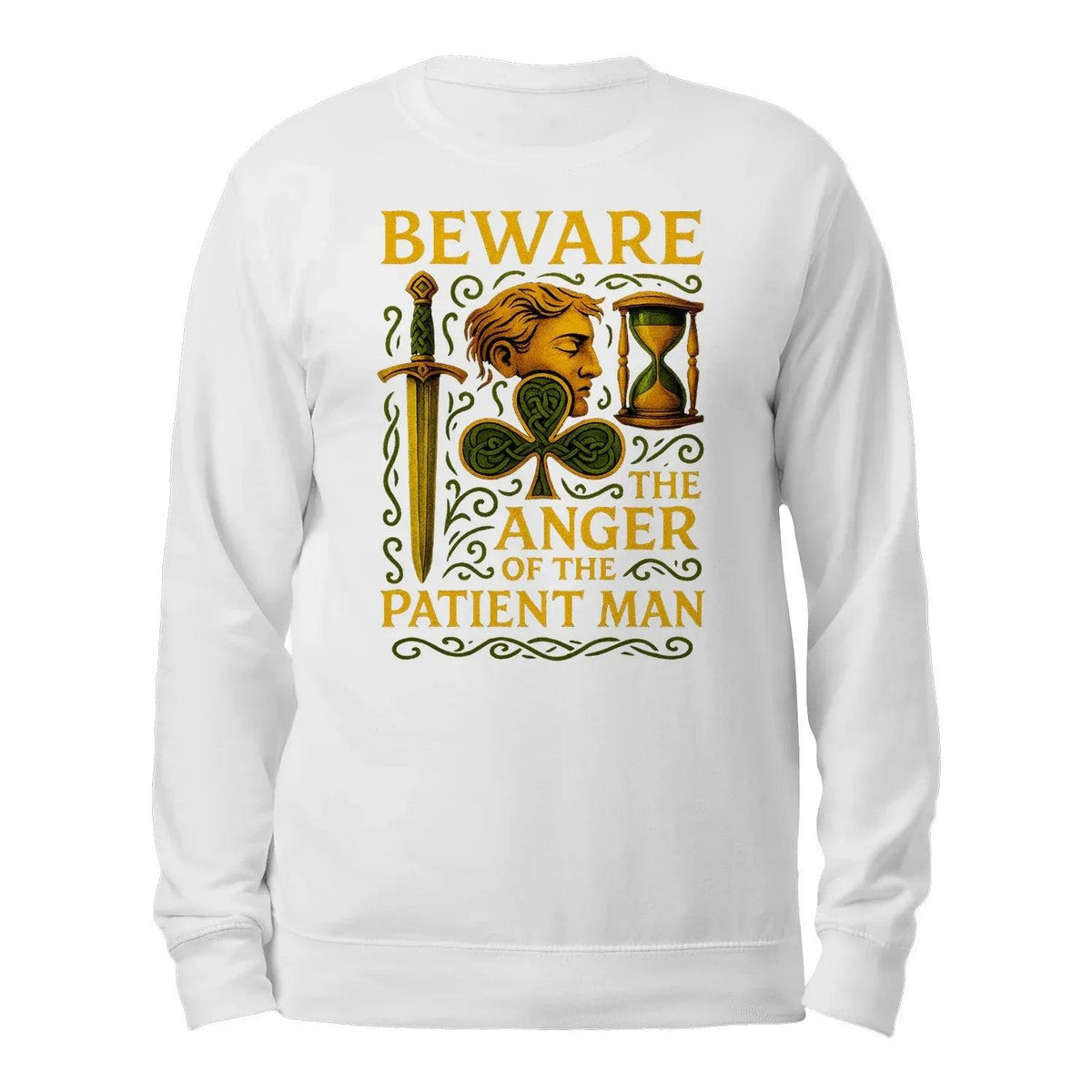 White crewneck sweatshirt with back graphic text and hourglass design