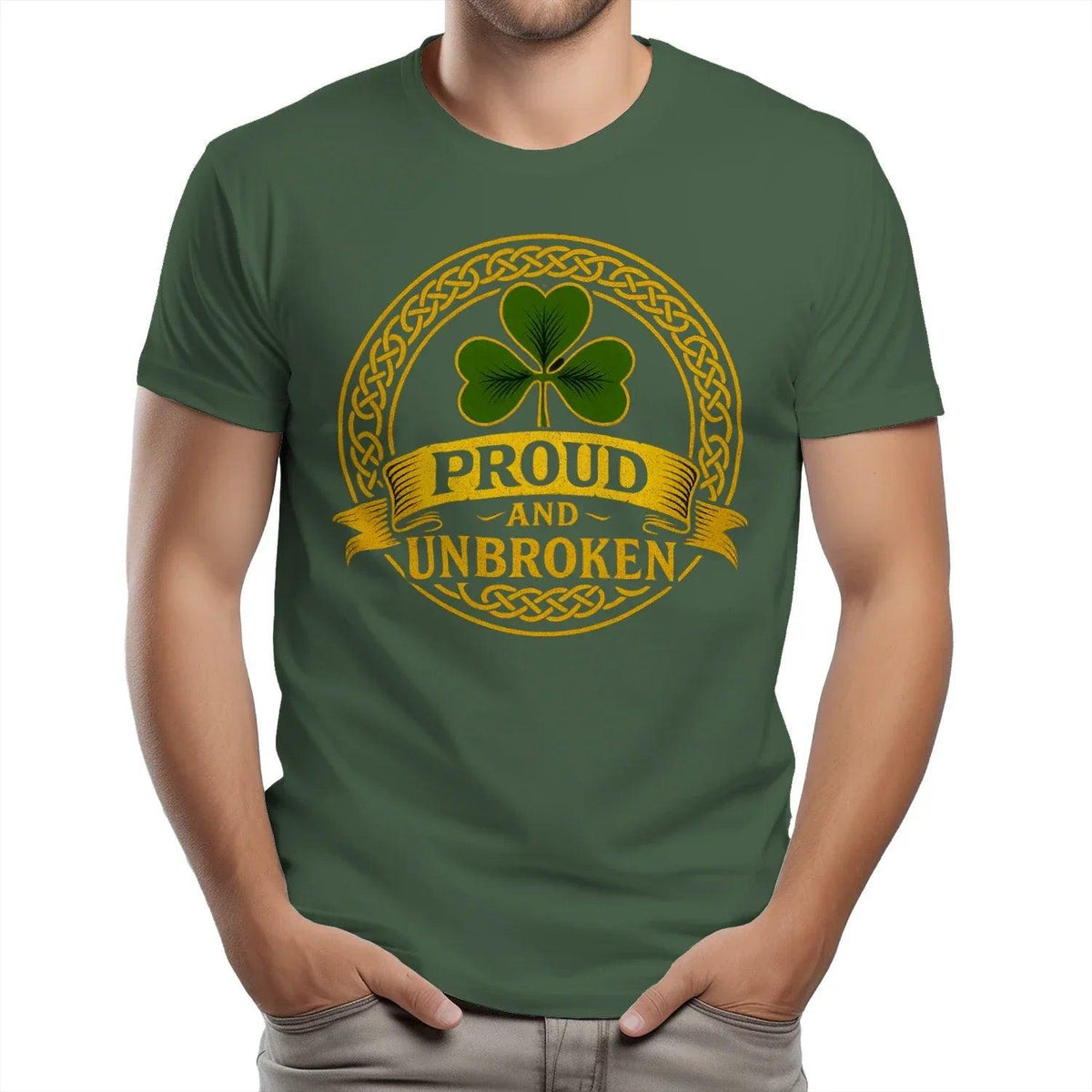 Olive green crewneck cotton T-shirt with gold circular shamrock emblem
