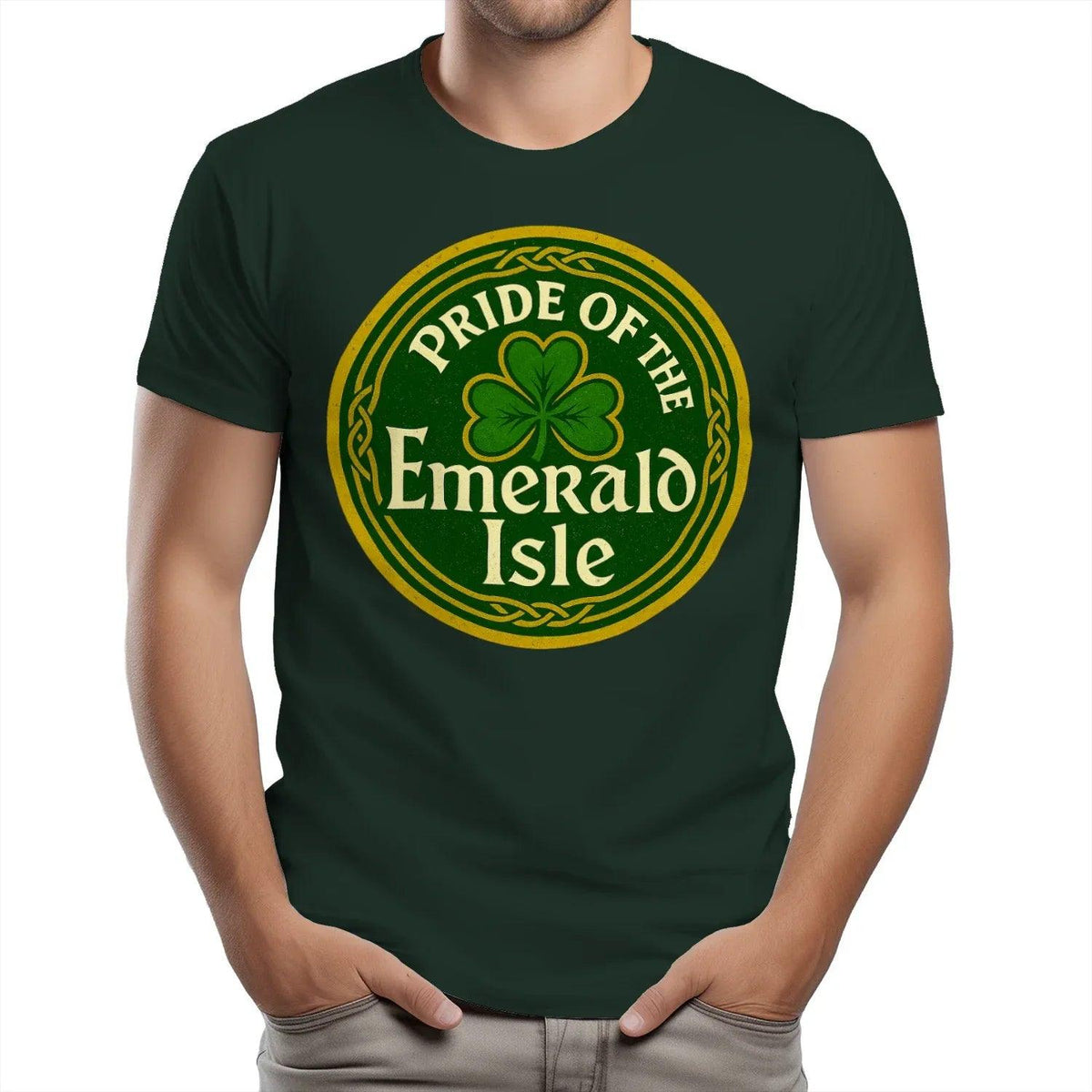 Dark green T-shirt with large round clover graphic and 'Pride of the Emerald Isle' text