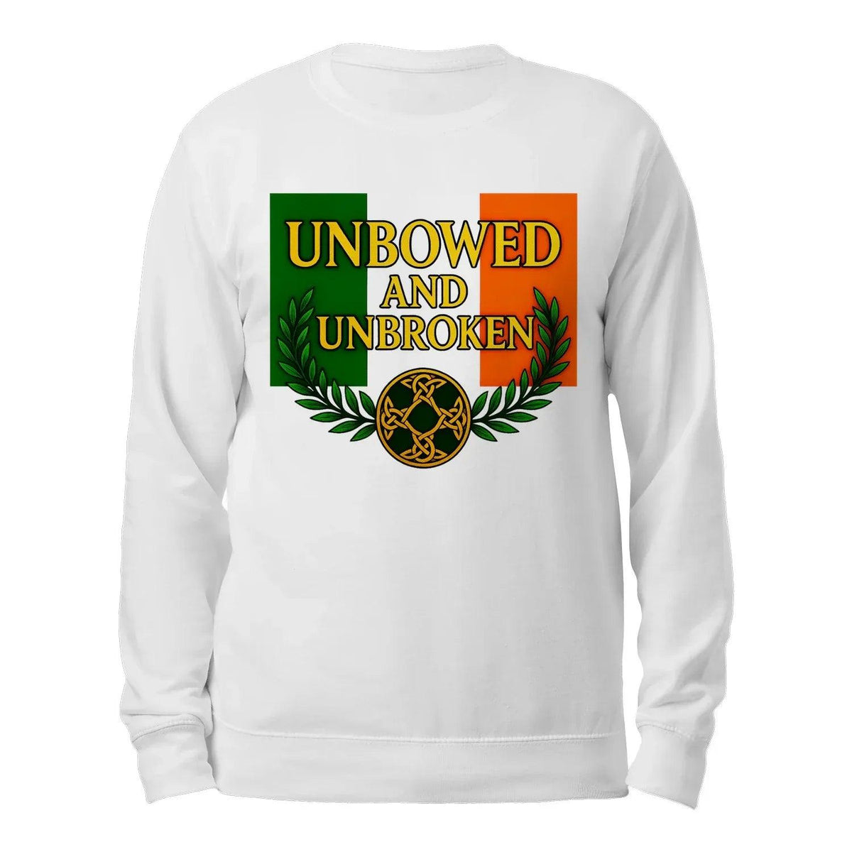 White sweatshirt back with UNBOWED AND UNBROKEN graphic and crew neckline