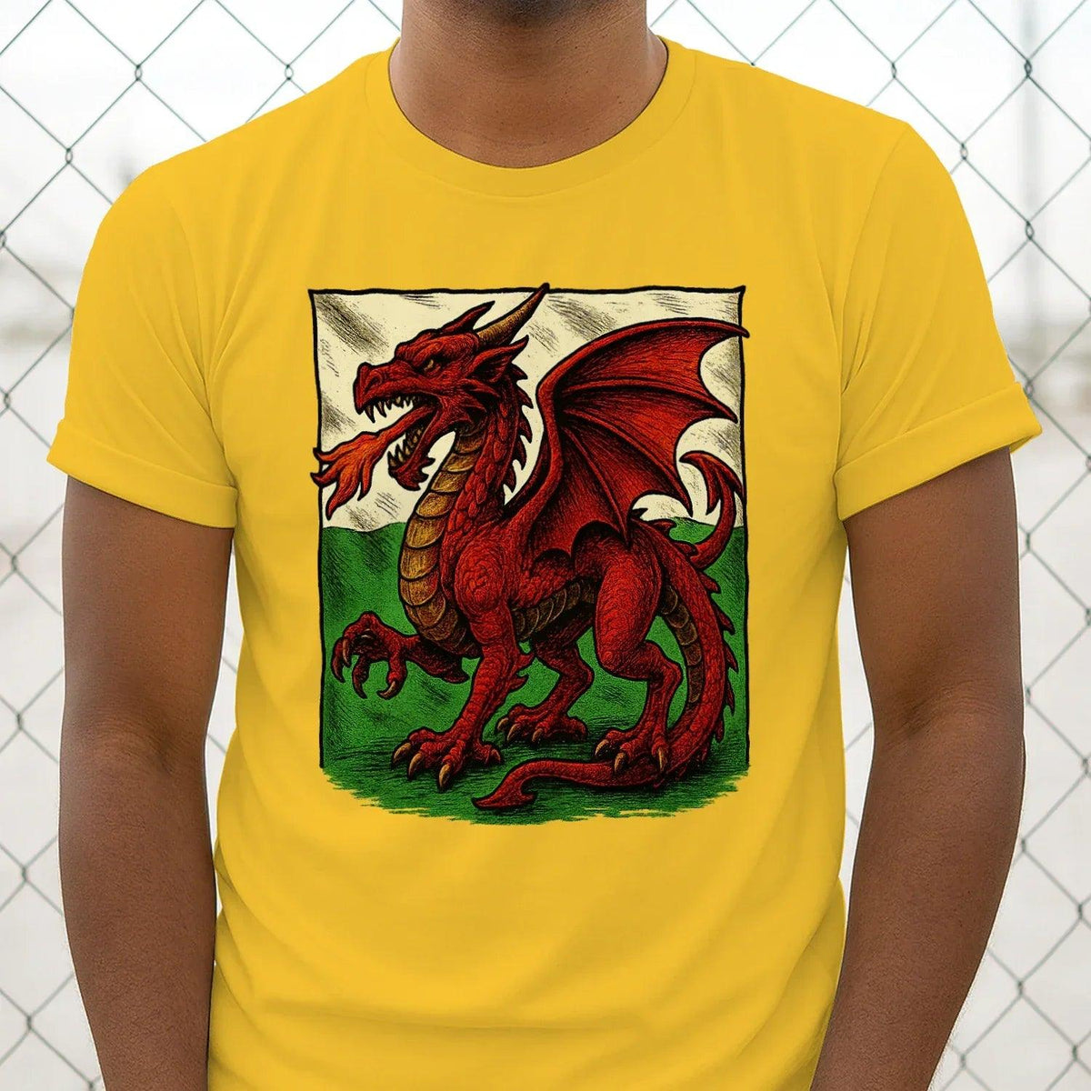 Unisex Celtic dragon emblem T-shirt, yellow with centered red Welsh dragon graphic
