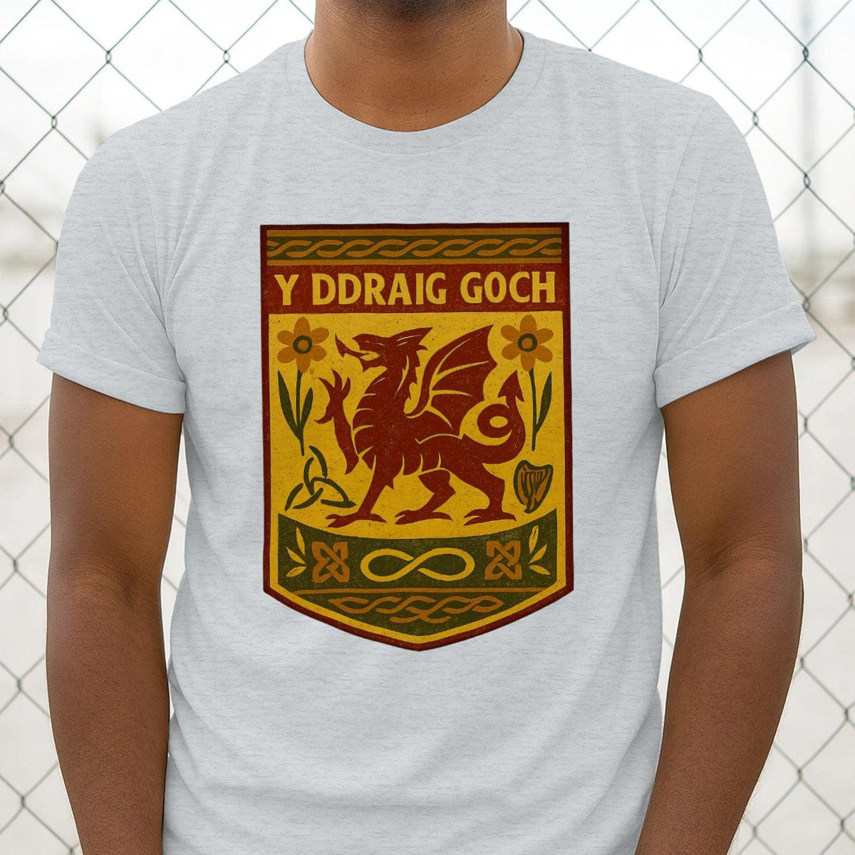 Men's classic T-shirt, heather gray, Y Ddrag Goch shield logo front