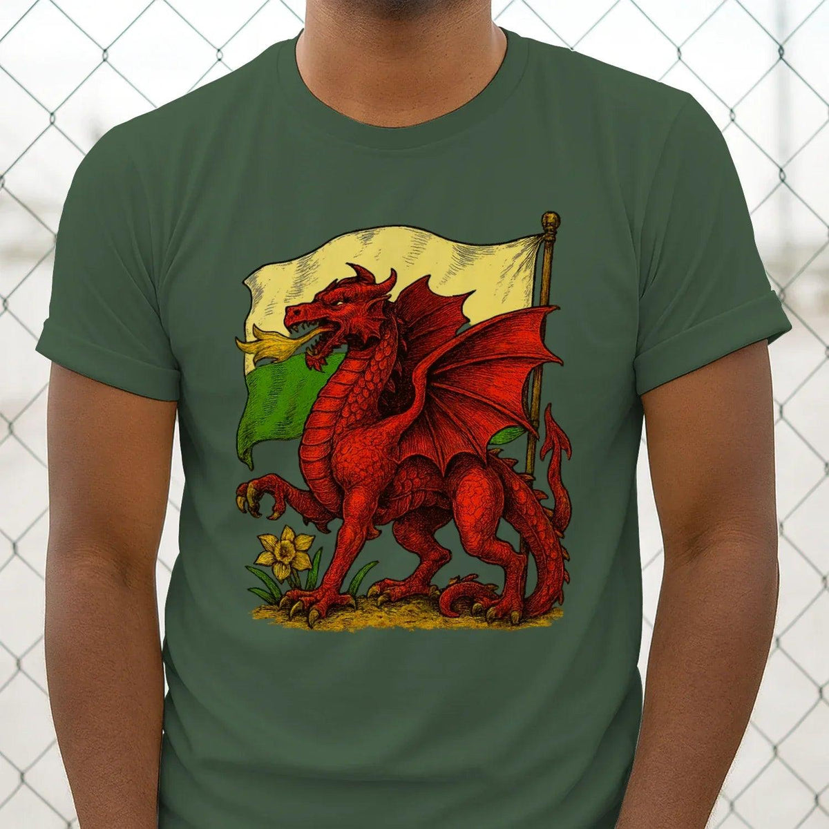 Men's classic graphic t-shirt, forest green; red dragon with Wales flag print on chest