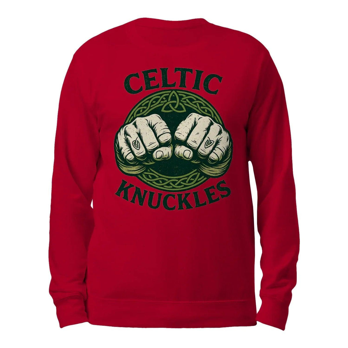 Red crewneck sweatshirt with green Celtic knuckles back graphic