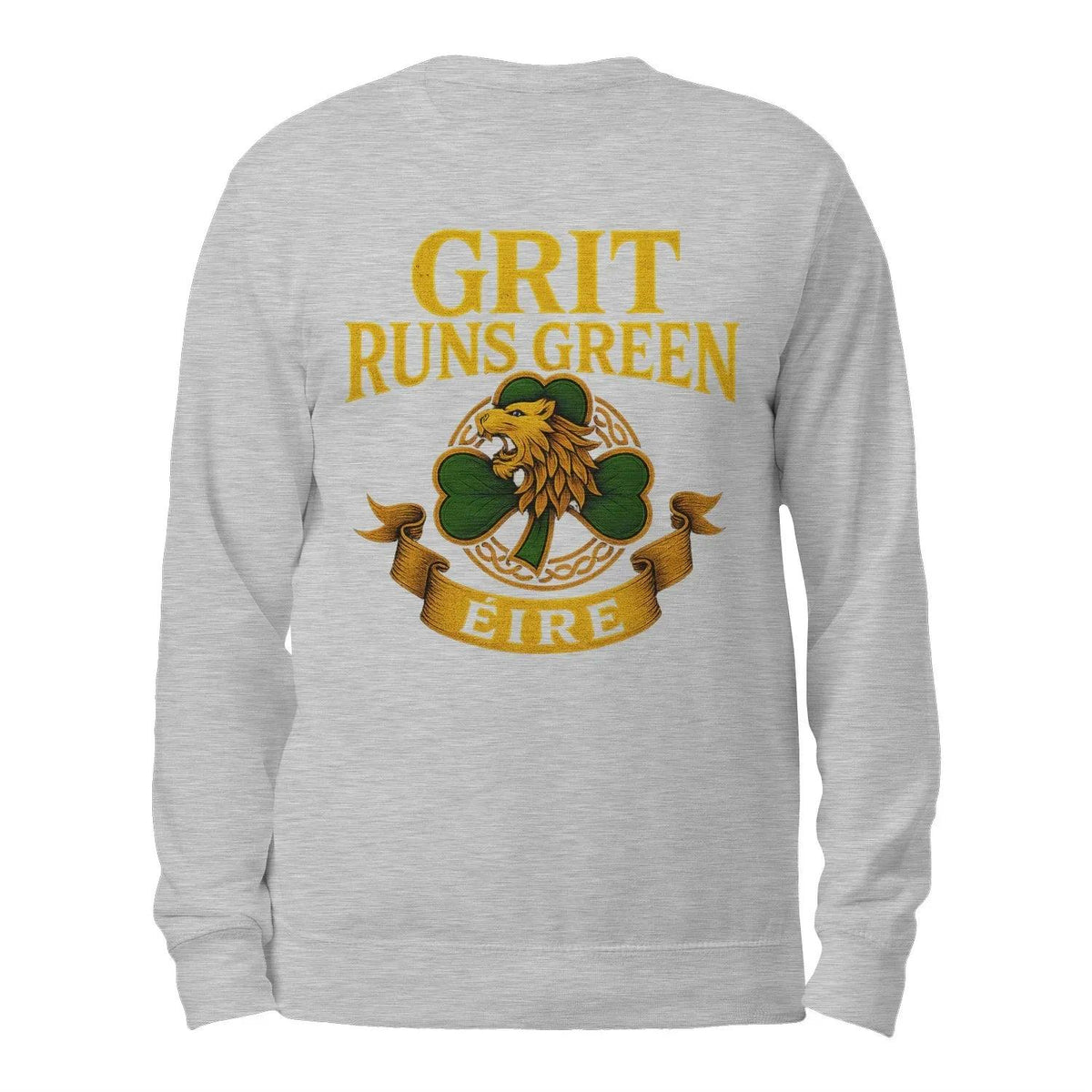 Irish heather gray crewneck sweatshirt with “GRIT RUNS GREEN” graphic on back