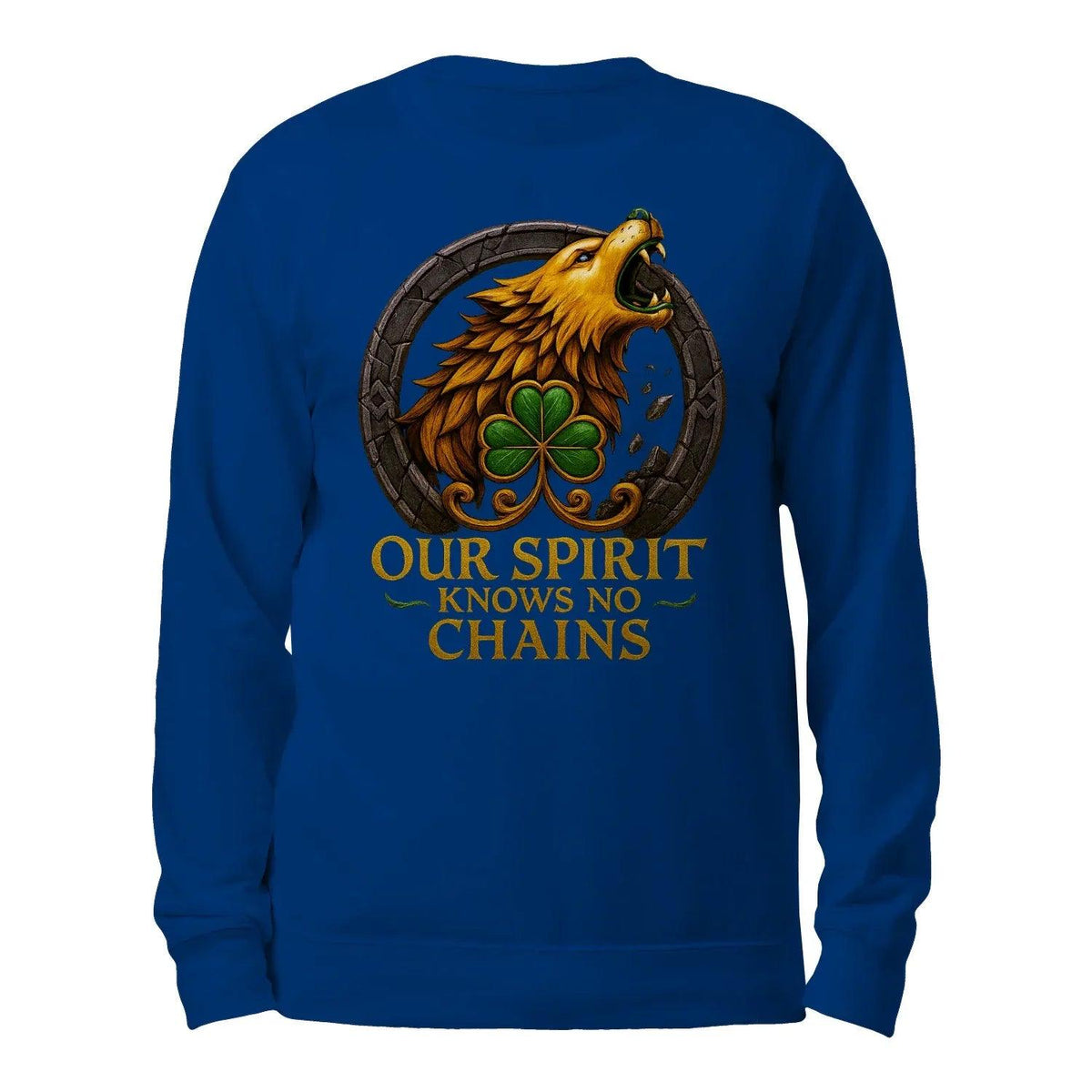 Blue sweatshirt with back wolf-and-clover graphic and slogan text, crew neck