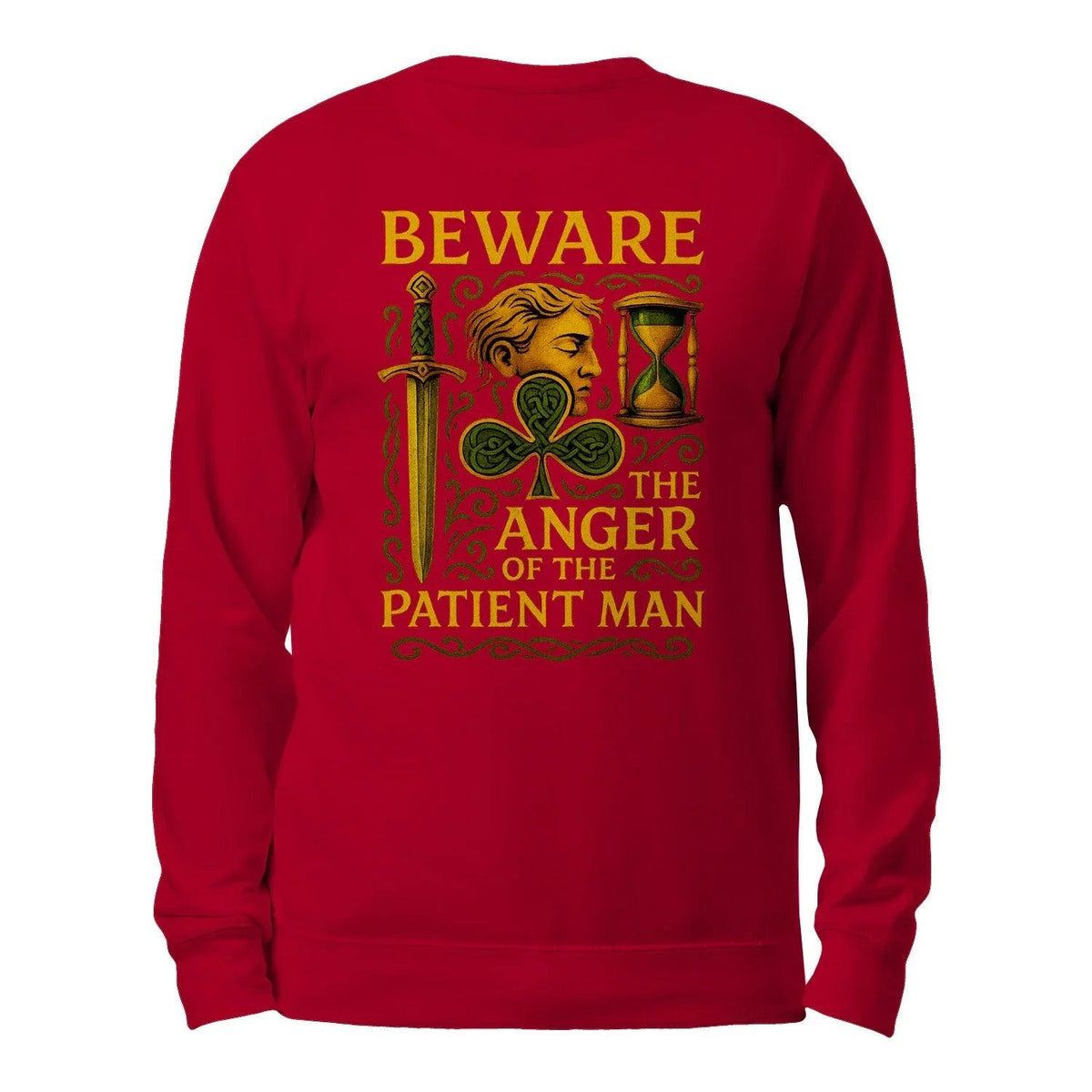 Red crewneck sweatshirt with back 'BEWARE' warning graphic and hourglass illustration
