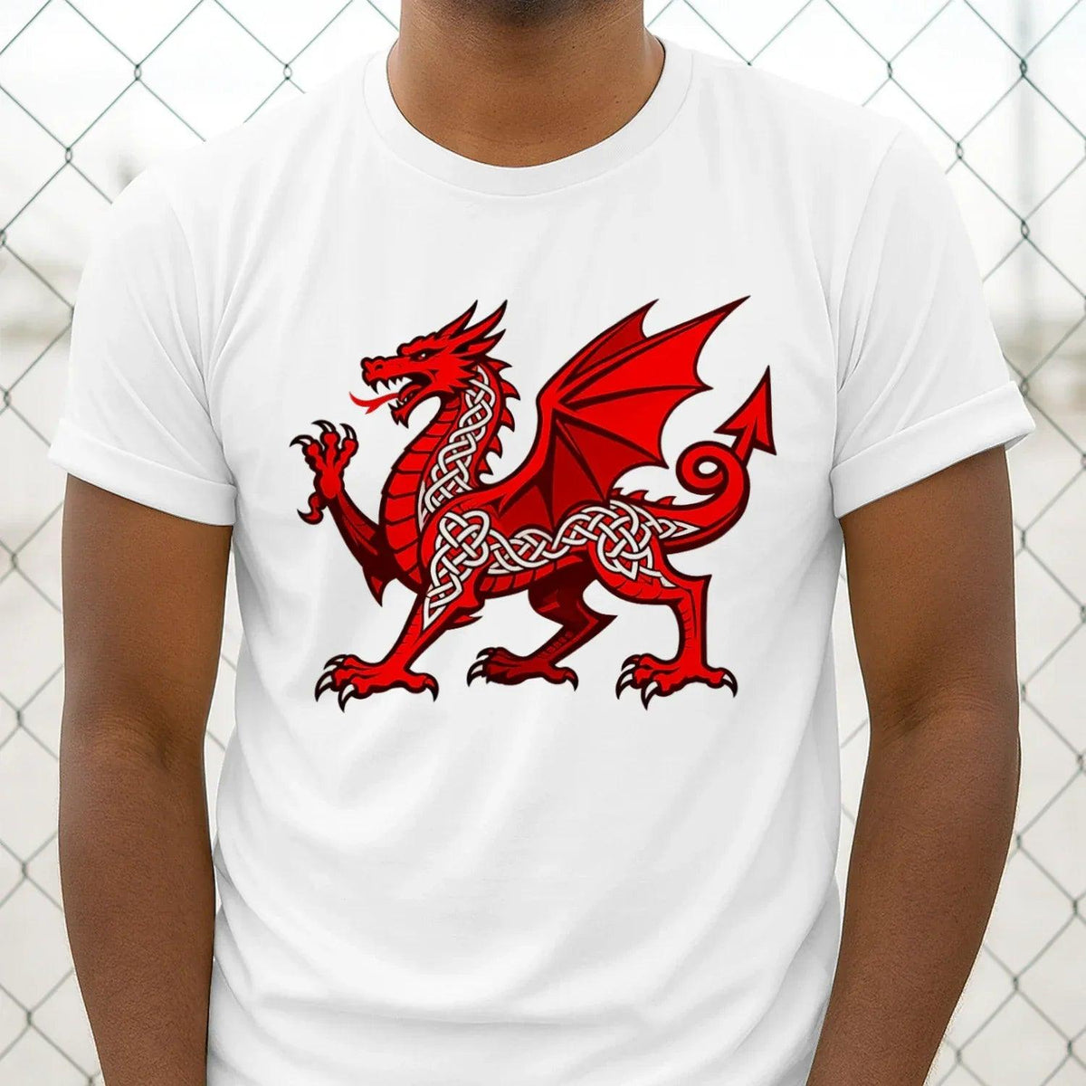 Wales red dragon Celtic knot T-shirt in white with centered red dragon design