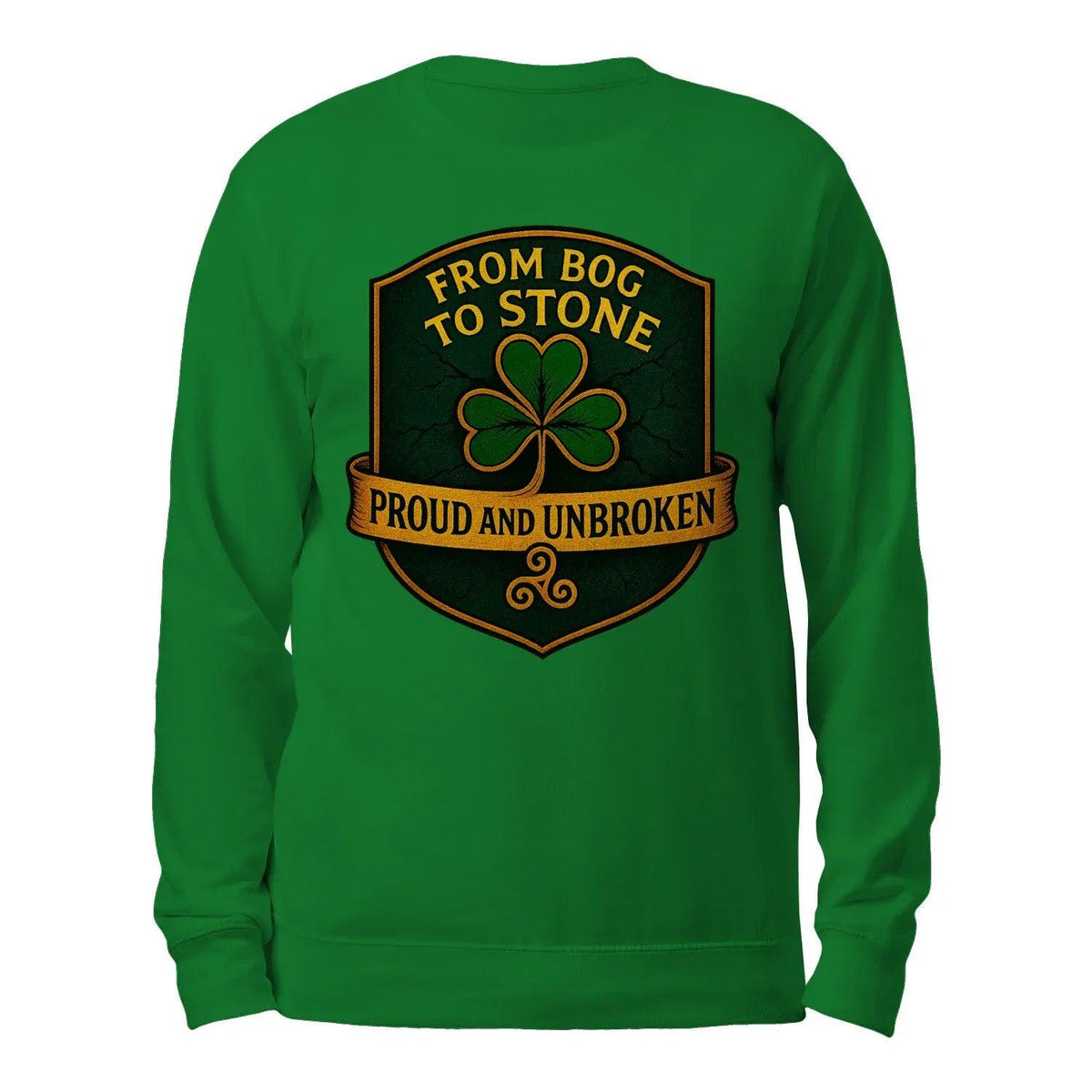 Forest green crewneck sweatshirt, back view with clover crest graphic