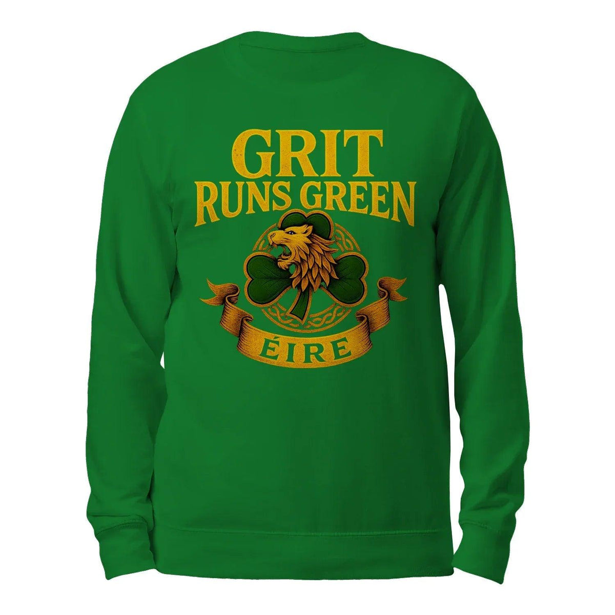 Irish green crewneck sweatshirt with “GRIT RUNS GREEN” graphic on back