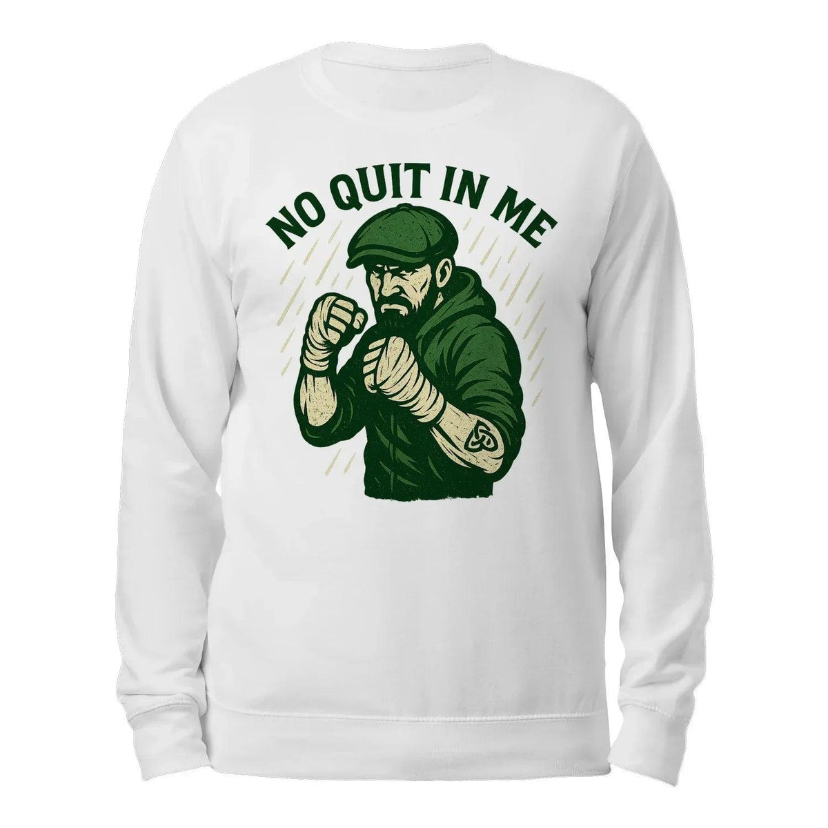 White crewneck sweatshirt back view with green “NO QUIT IN ME” graphic and character