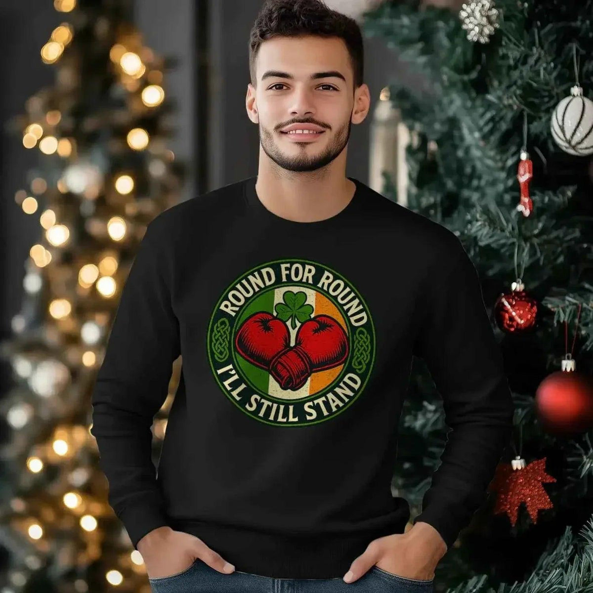 Black crewneck cotton sweatshirt with circular heart graphic on front, long sleeves