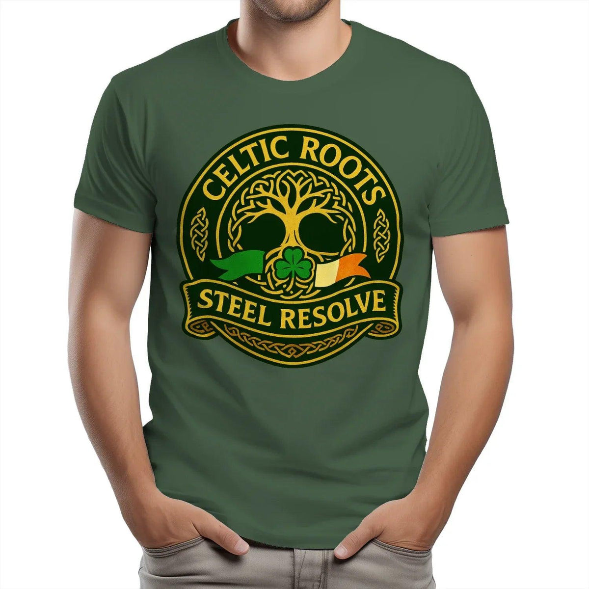 Green short-sleeve T-shirt with Celtic Roots Steel Resolve round emblem print