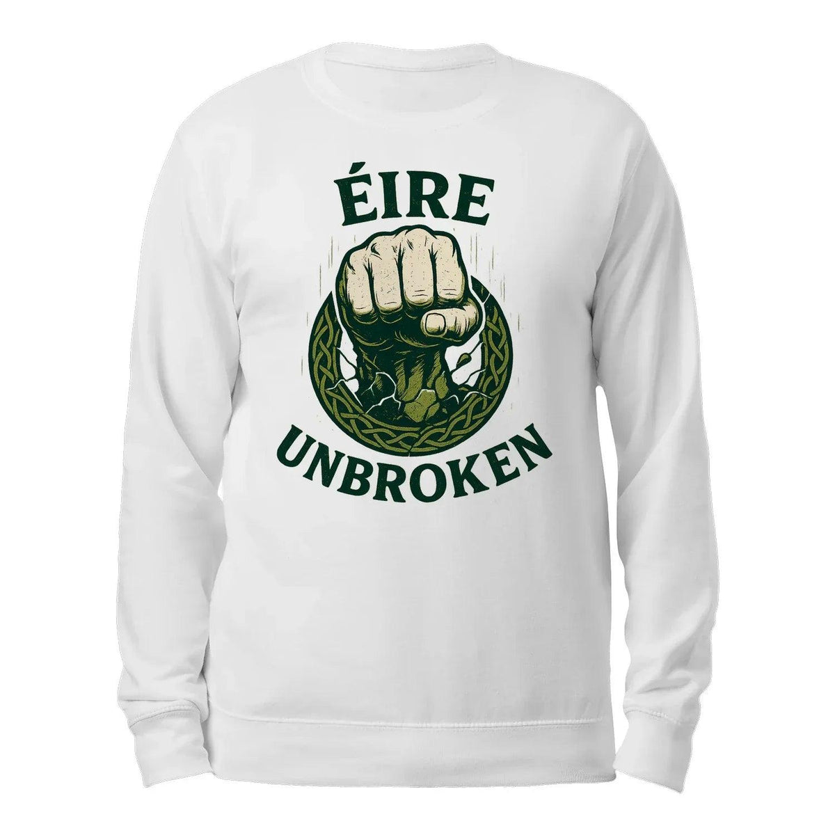 White cotton sweatshirt, back view with 'ÉIRE UNBROKEN' graphic