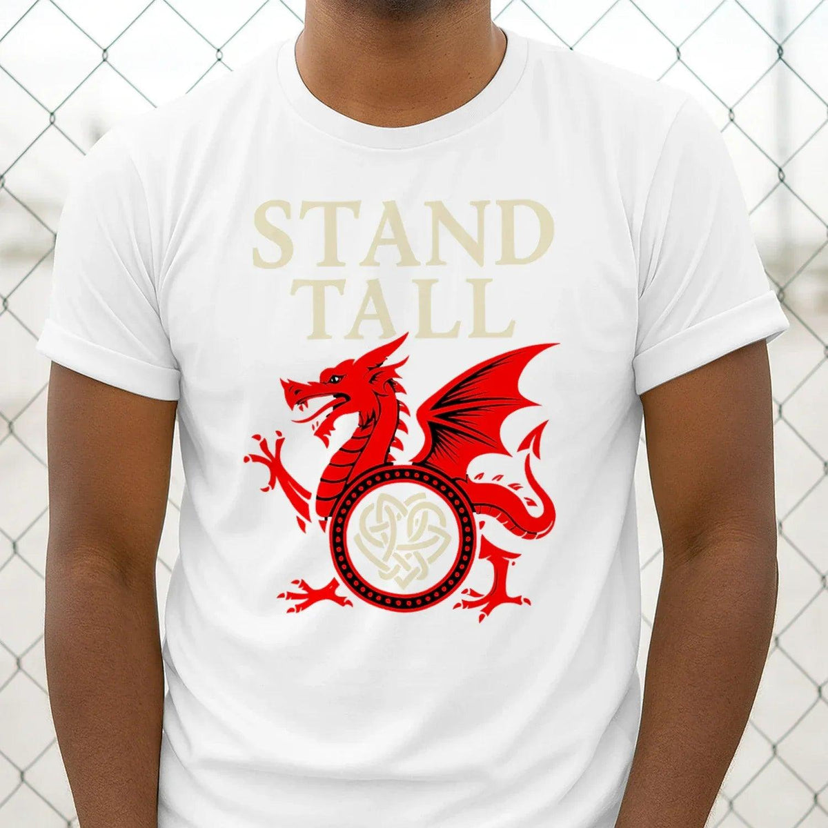White T-shirt with red Welsh dragon crest and pale “STAND TALL” text