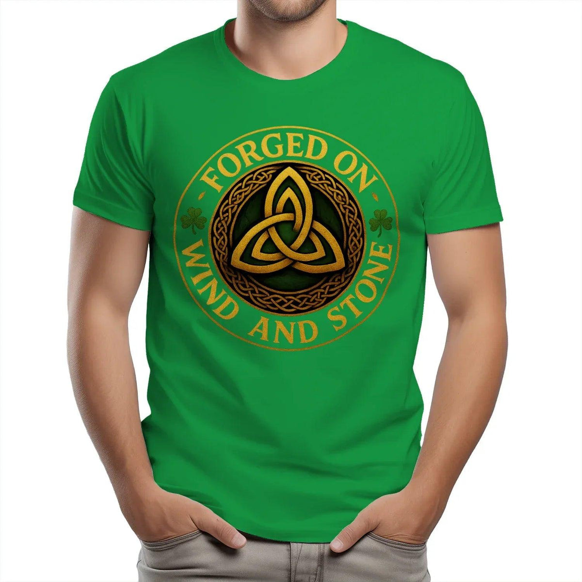 Green T-shirt with large circular Celtic knot graphic on the chest