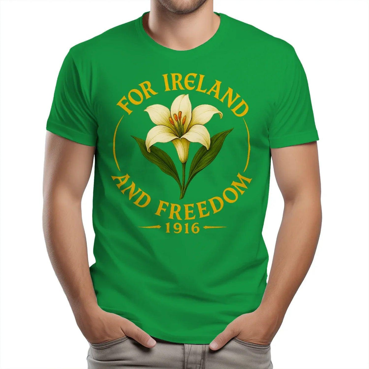 Bright green cotton T-shirt with circular gold “FOR IRELAND AND FREEDOM 1916” design