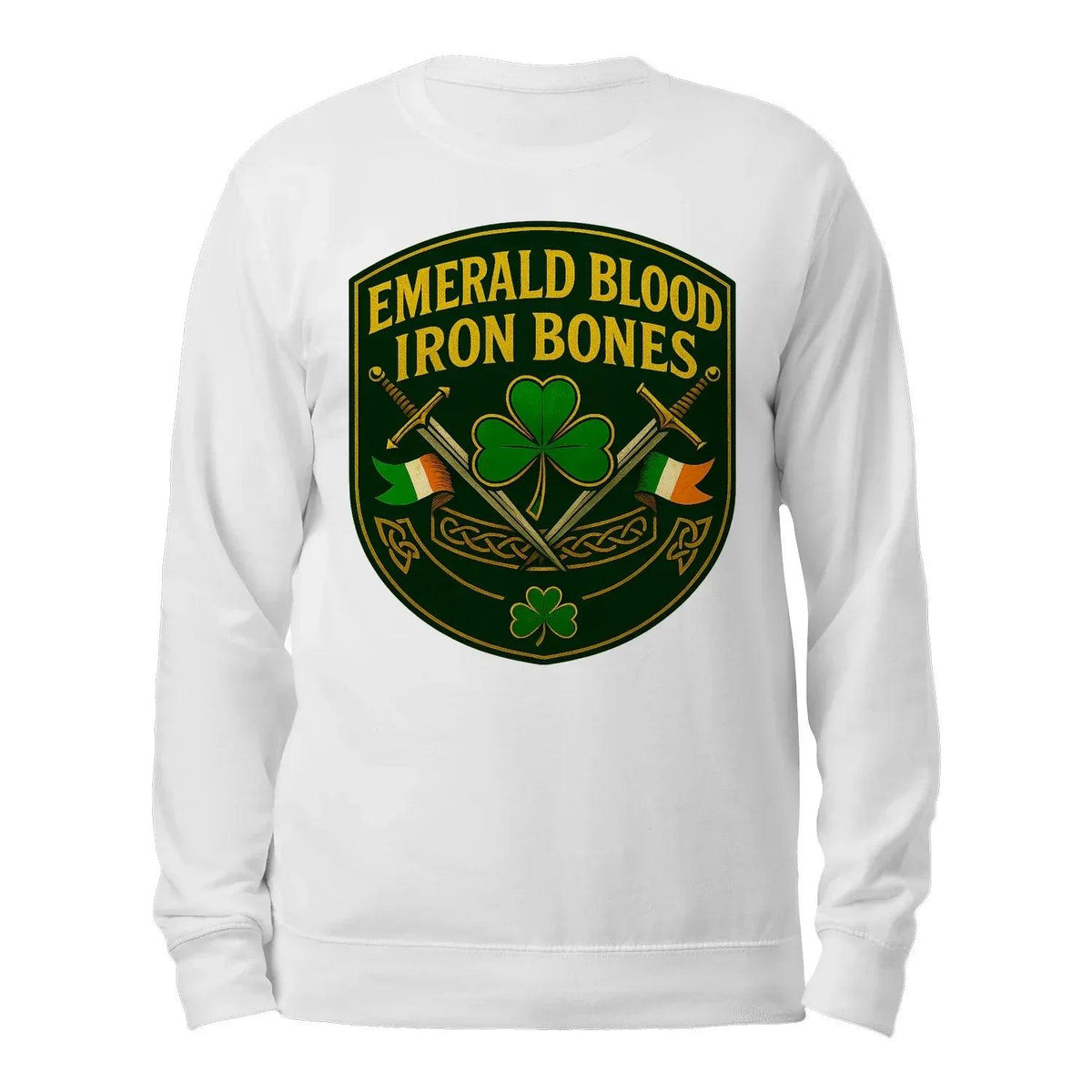 White crewneck sweatshirt, back view, with large green shield graphic centered