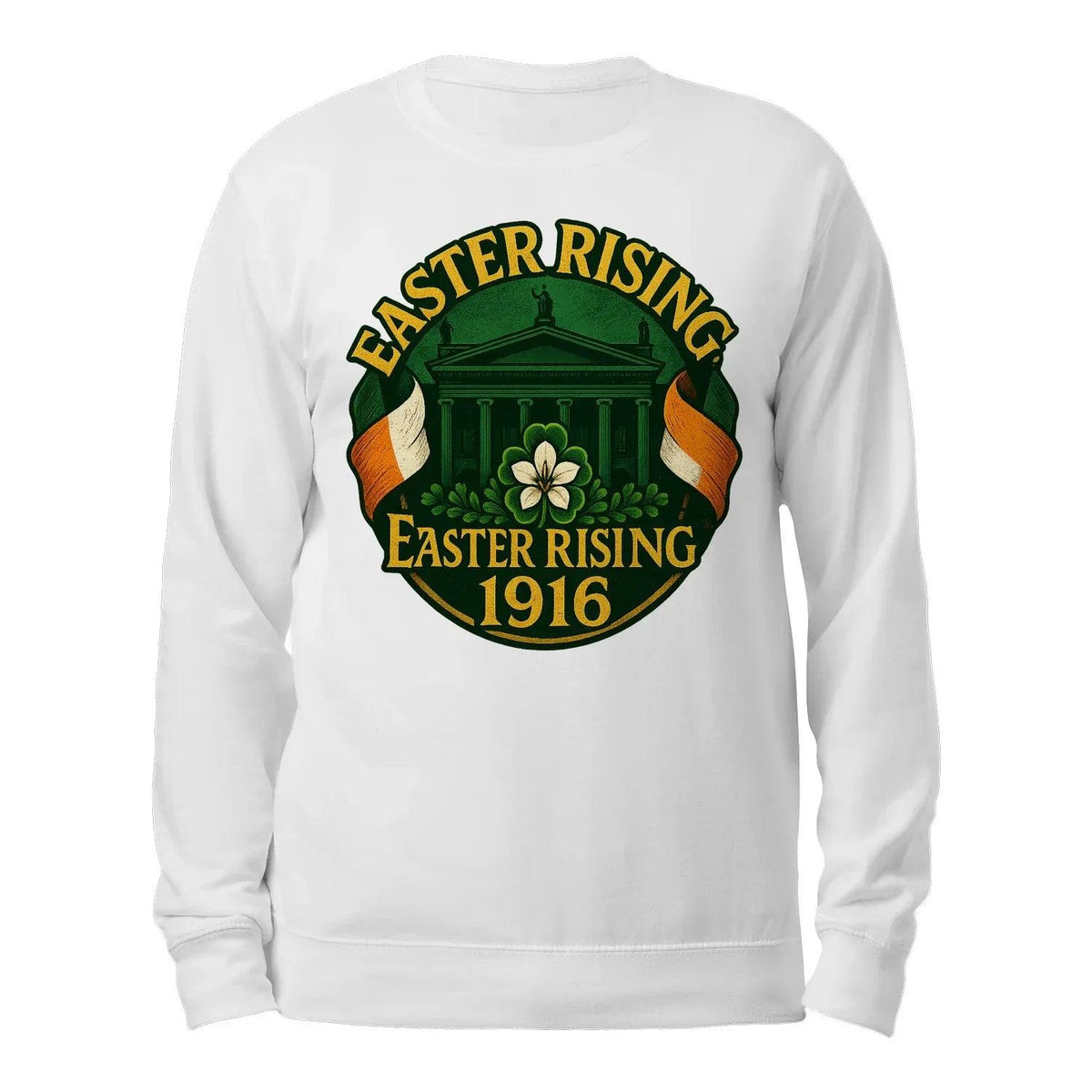 White crewneck sweatshirt back with Easter Rising 1916 crest graphic