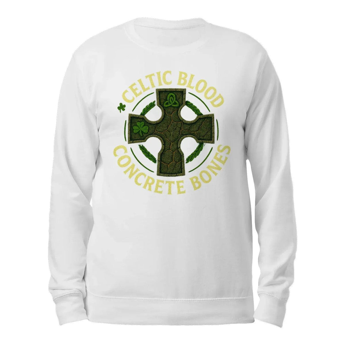 White sweatshirt with green Celtic cross graphic and 'Concrete Bones' text, back view