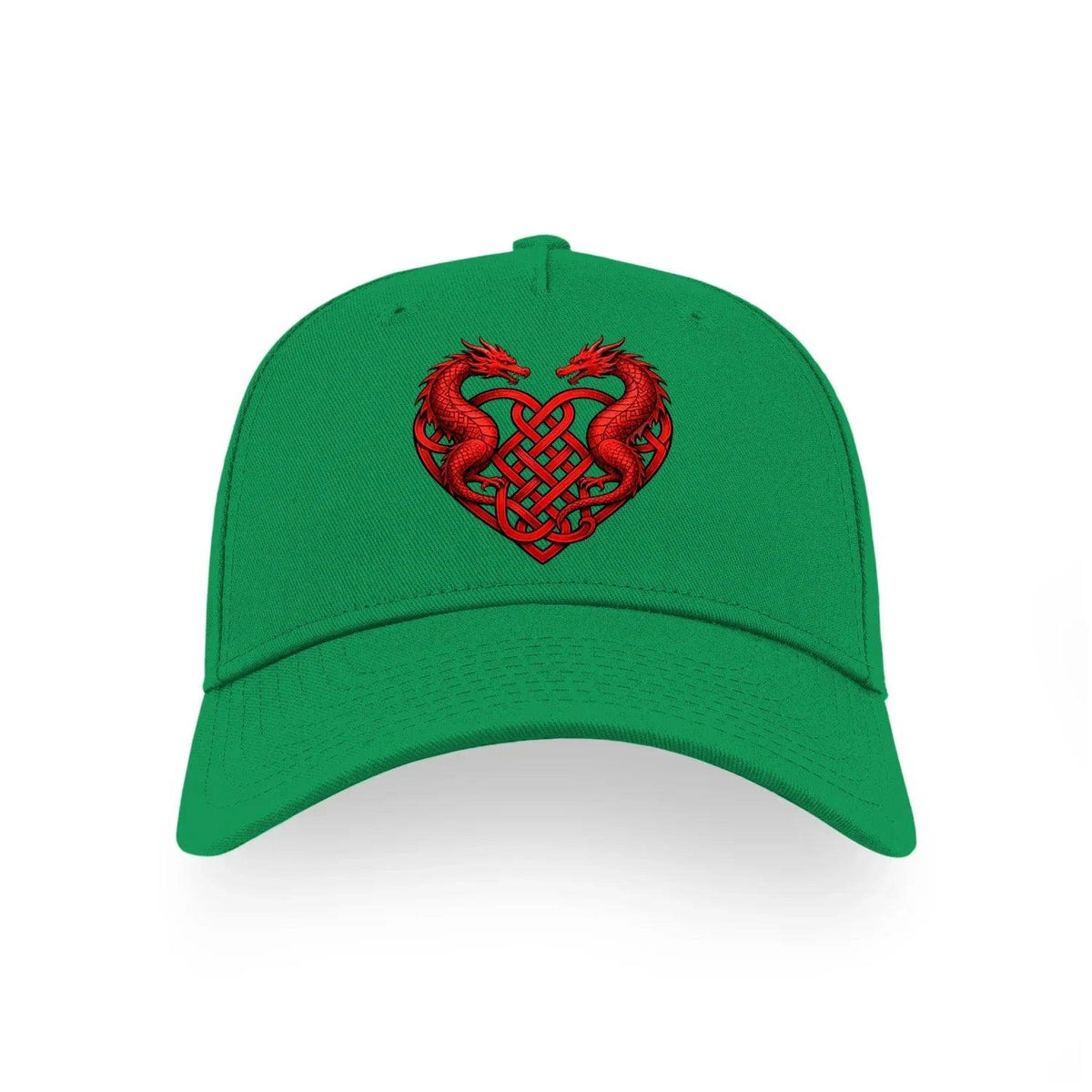 Green baseball cap with red heart crest embroidery on the front panel
