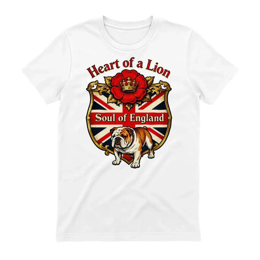 White cotton T-shirt with lion crest and bulldog graphic, crew neck — England heritage t-shirt gift | Celtic Wolf Wear® UK