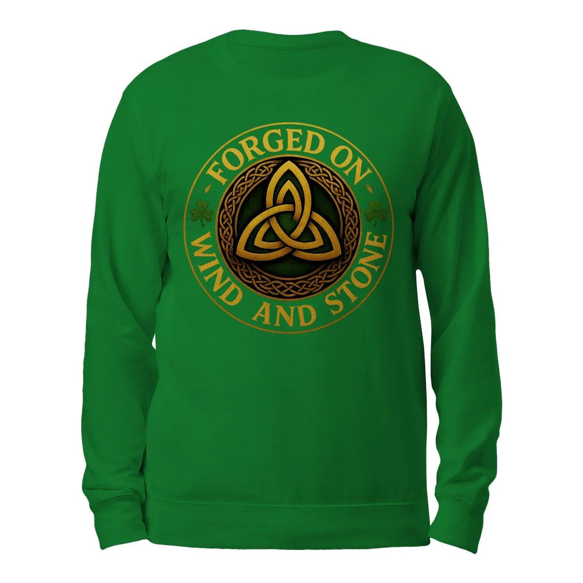 Green sweatshirt with gold Celtic “Wind and Stone” logo on back, long sleeves.