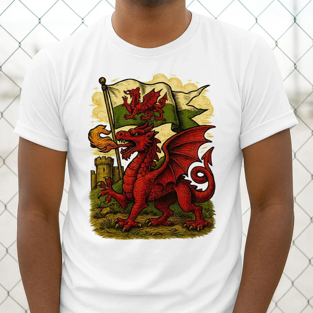Men's white T-shirt with dragon and Welsh flag graphic across the front