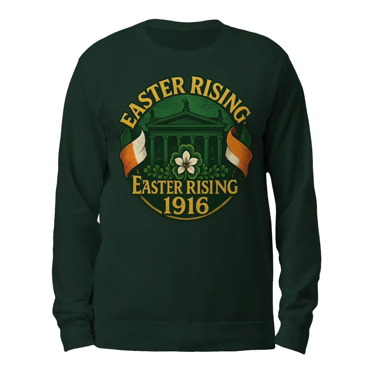 Forest green crewneck sweatshirt with Easter Rising 1916 crest graphic