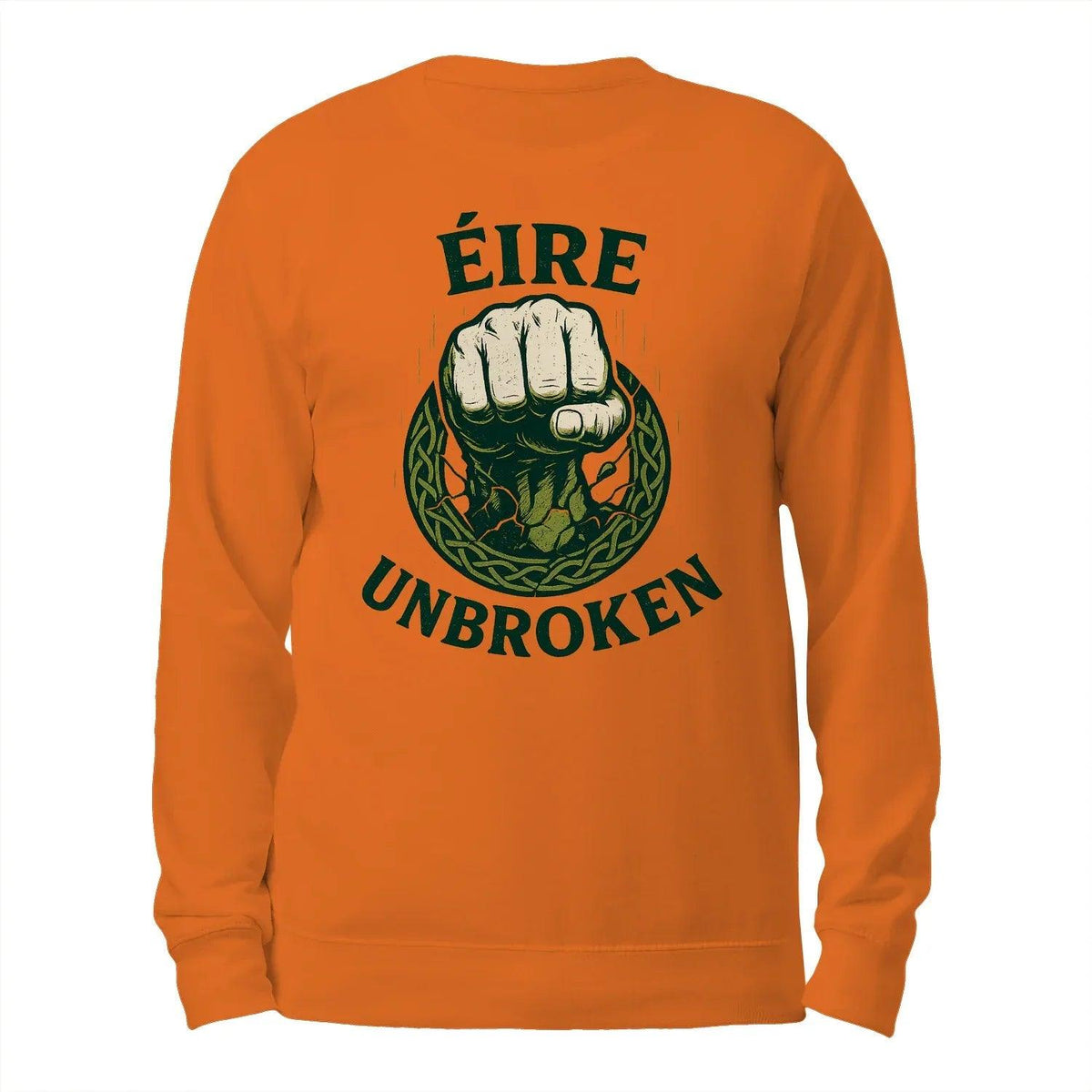 Orange cotton sweatshirt, crewneck; large back print with fist and Celtic globe graphic