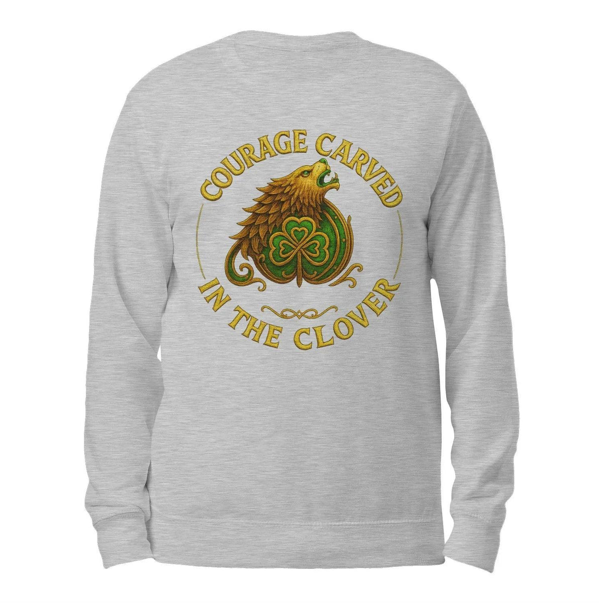 Heather grey hoodie, back view, clover bird "Courage Carved In The Clover" print