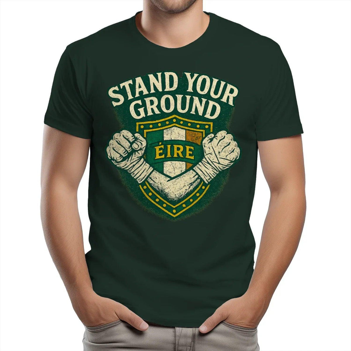 Heavy cotton T-shirt, dark green, crew neck, Stand Your Ground shield graphic
