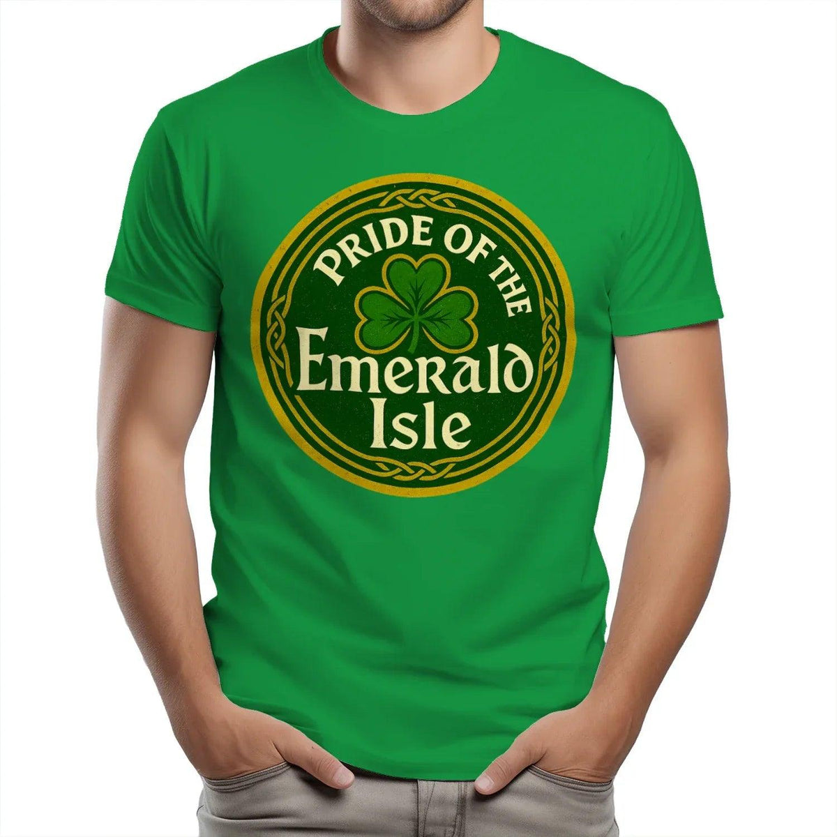 Green T-shirt with large round clover graphic and 'Pride of the Emerald Isle' text