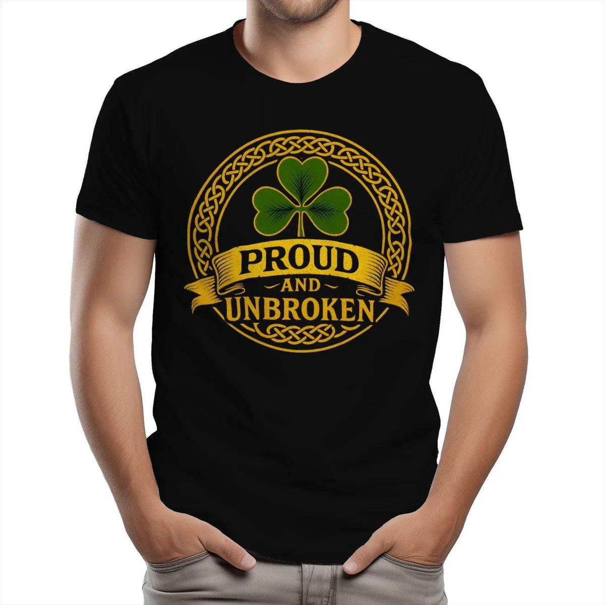 Black crewneck cotton T-shirt with large circular shamrock emblem print