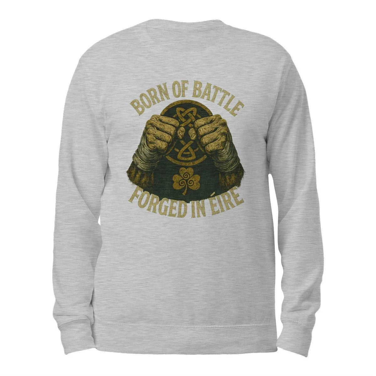 Heather grey sweatshirt back view with gold hands emblem and text graphic, crew neck.
