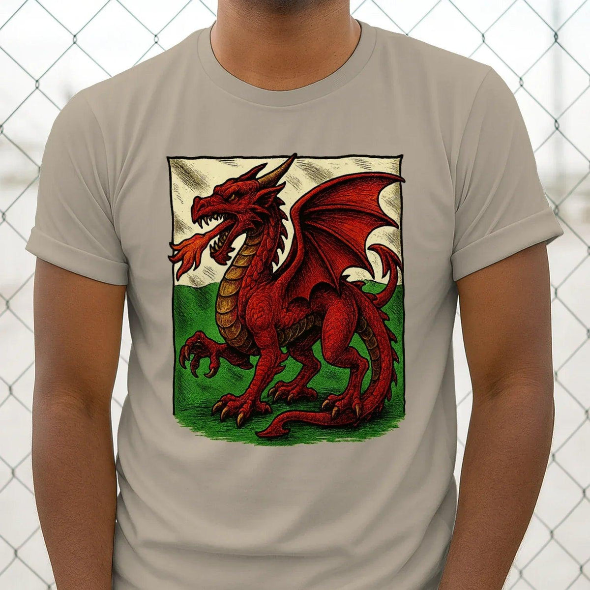 Unisex sand graphic T-shirt with red dragon wing emblem centered on chest