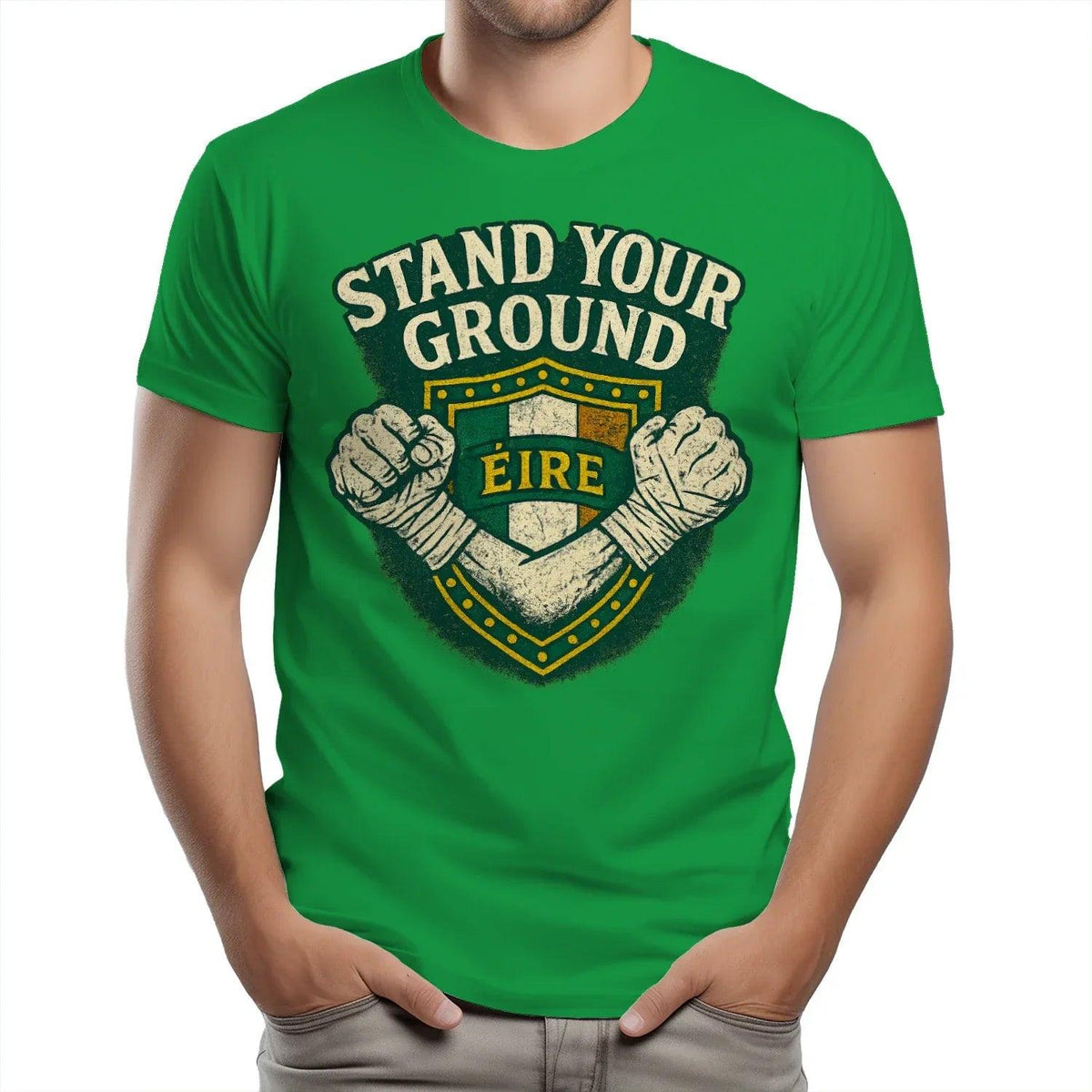 Heavy cotton T-shirt, Irish green, crew neck, chest graphic with shield and arms