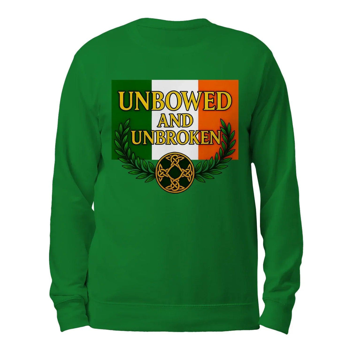 Green crewneck sweatshirt with “UNBOWED AND UNBROKEN” logo graphic on the chest
