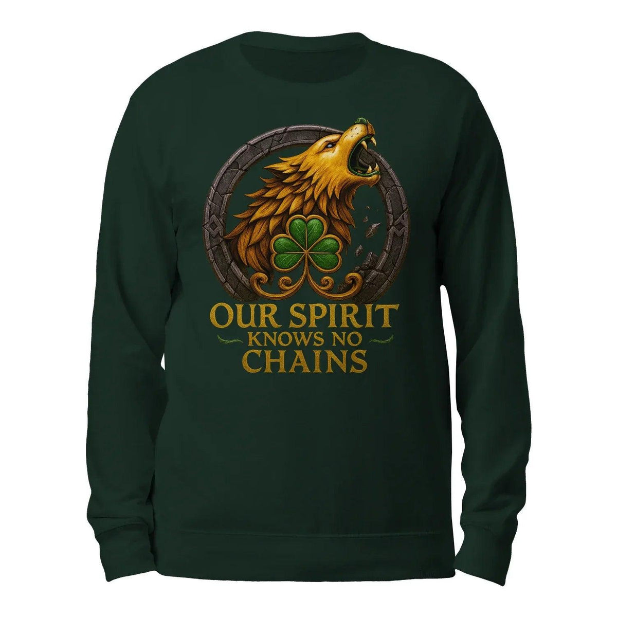 Forest green sweatshirt with eagle-clover graphic and “Our Spirit Knows No Chains” text