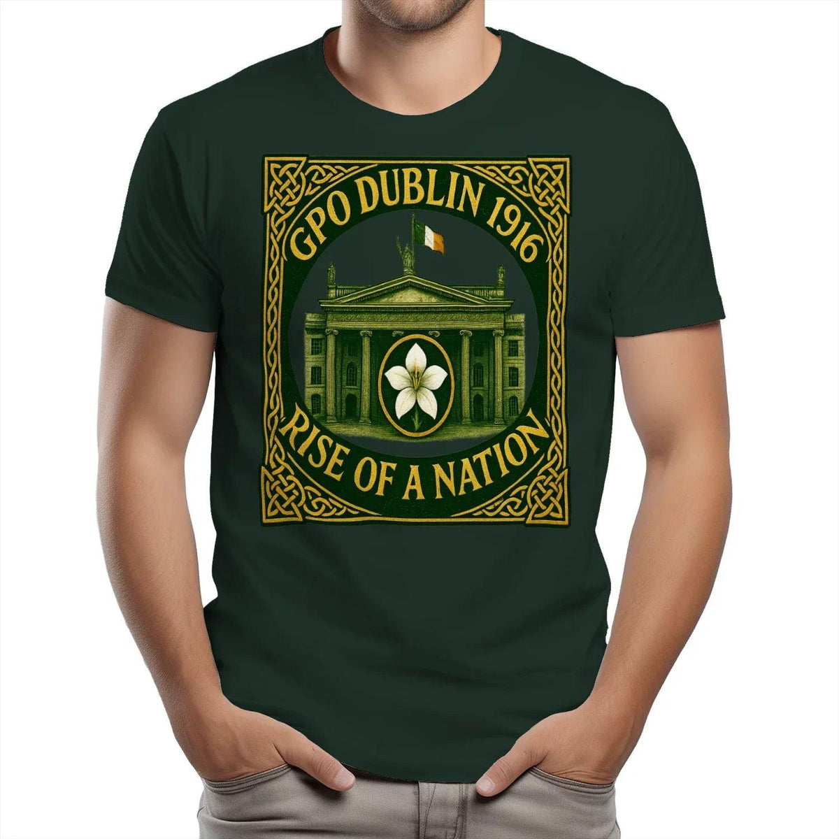 Dark green unisex heavy cotton T-shirt with centered GPO Dublin 1916 front graphic
