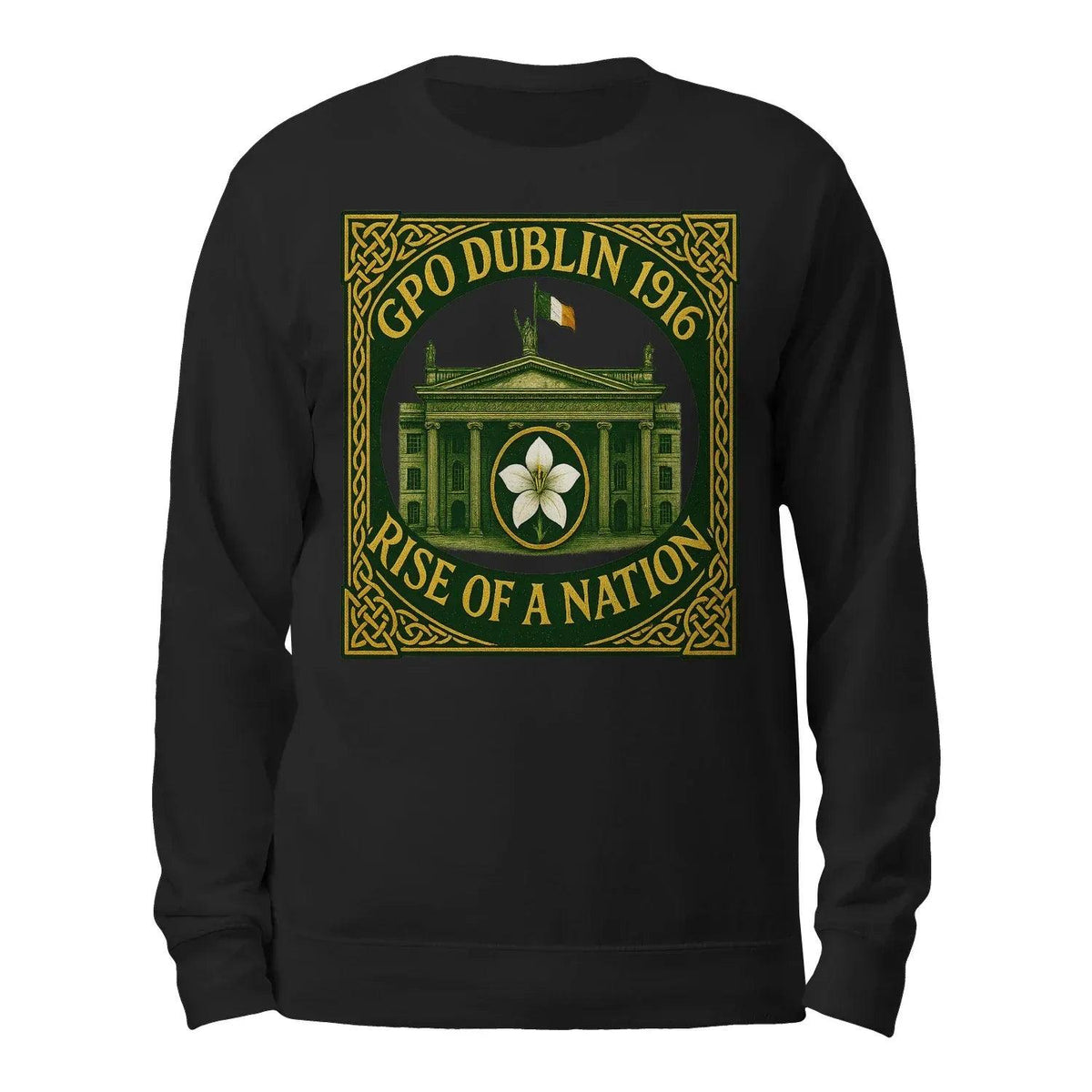 Black crewneck sweatshirt with front heritage logo graphic