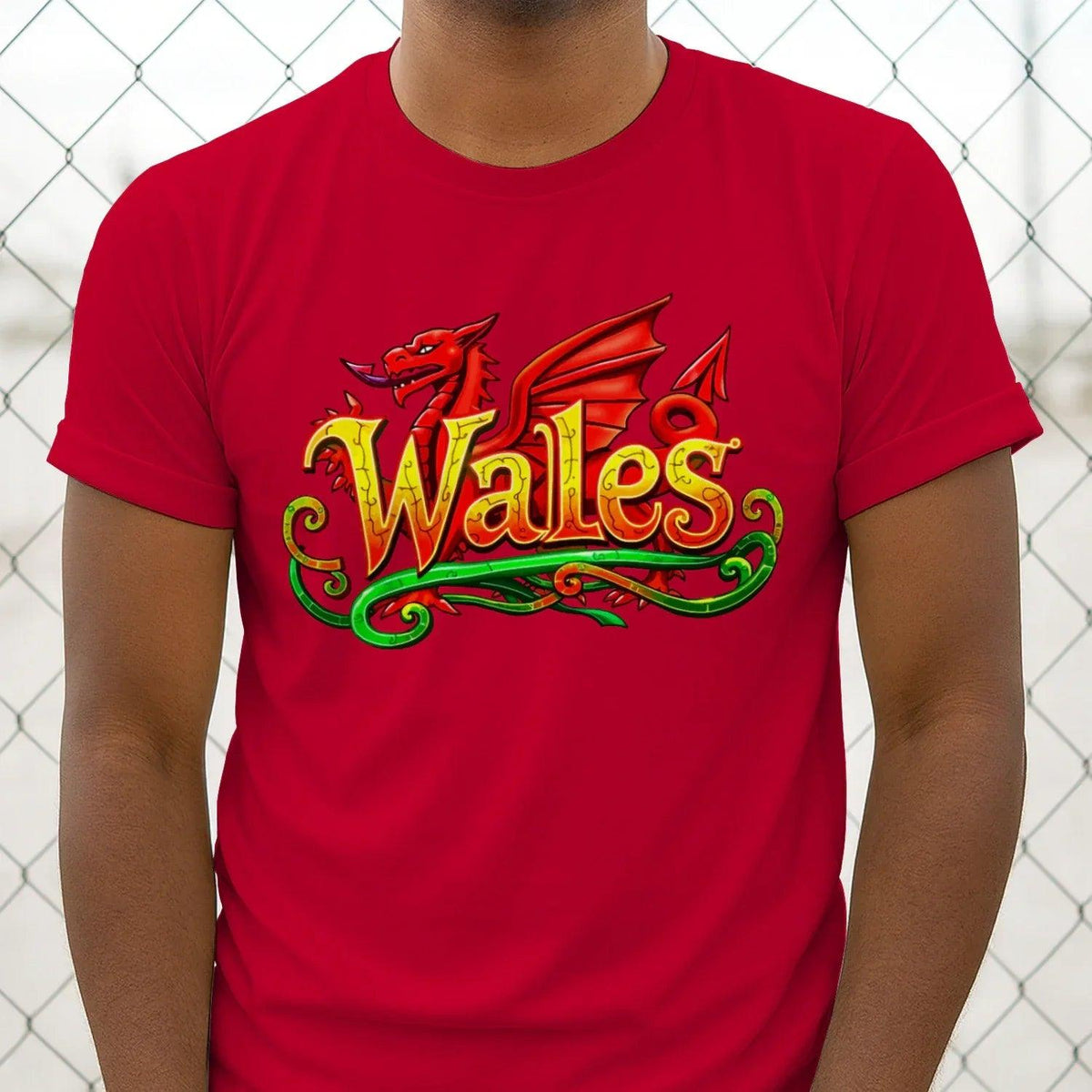Red dragon graphic T-shirt with large “Wales” logo centered on chest