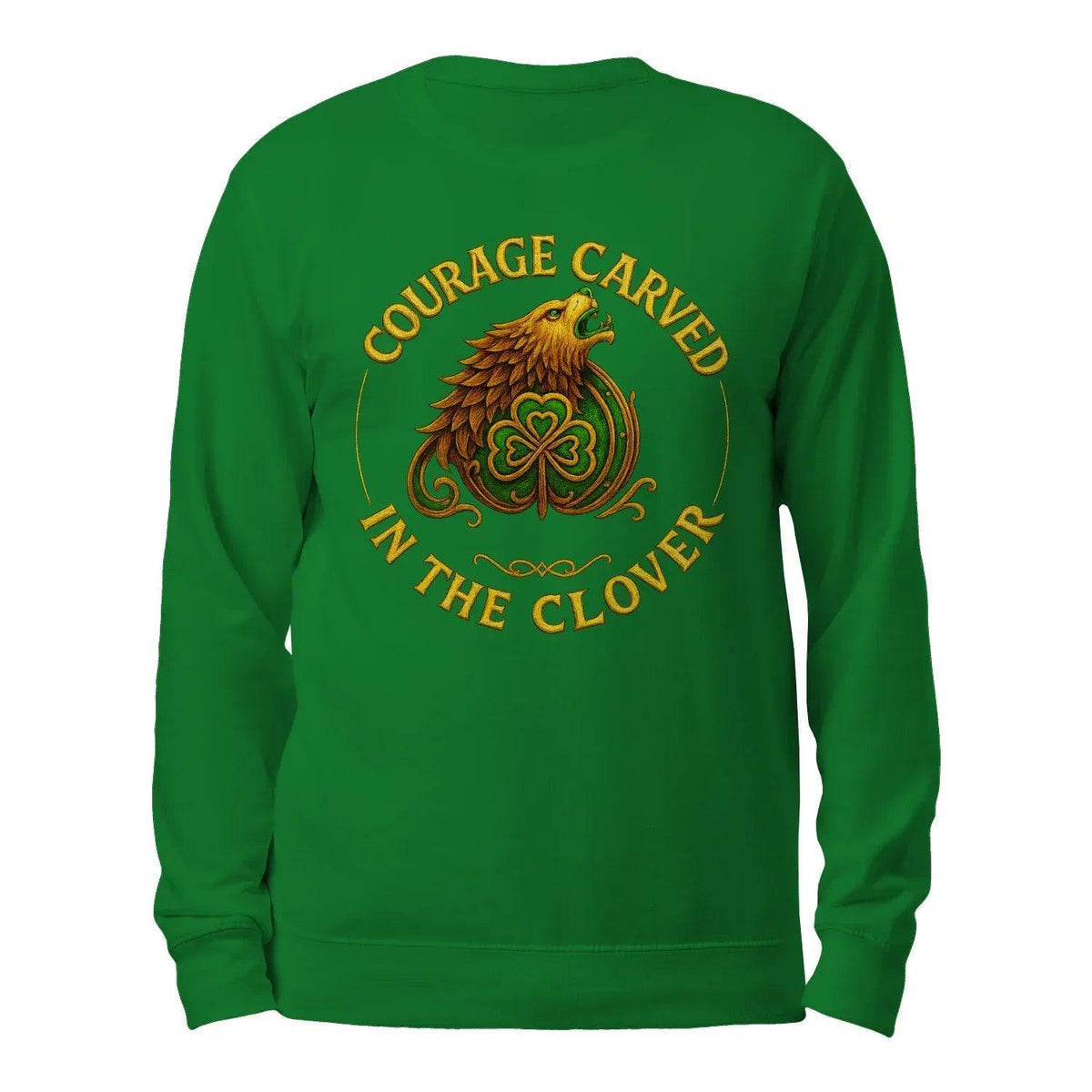 Green pullover sweatshirt back view with gold clover graphic and “IN THE CLOVER” text