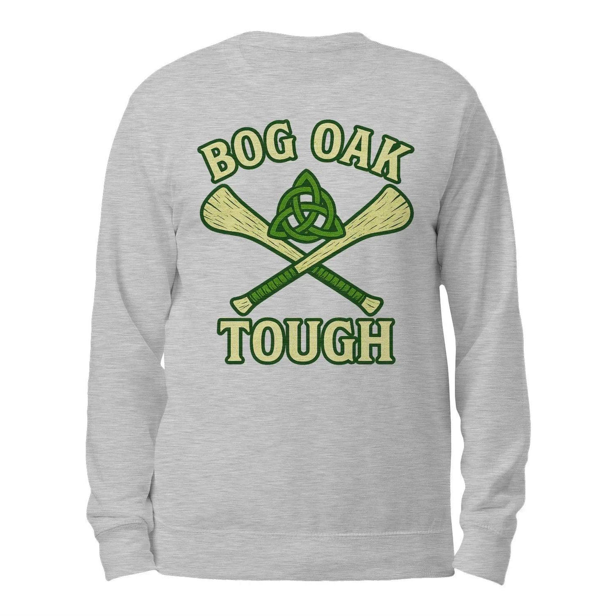 Heather grey crewneck sweatshirt, back view with green “BOG OAK TOUGH” graphic