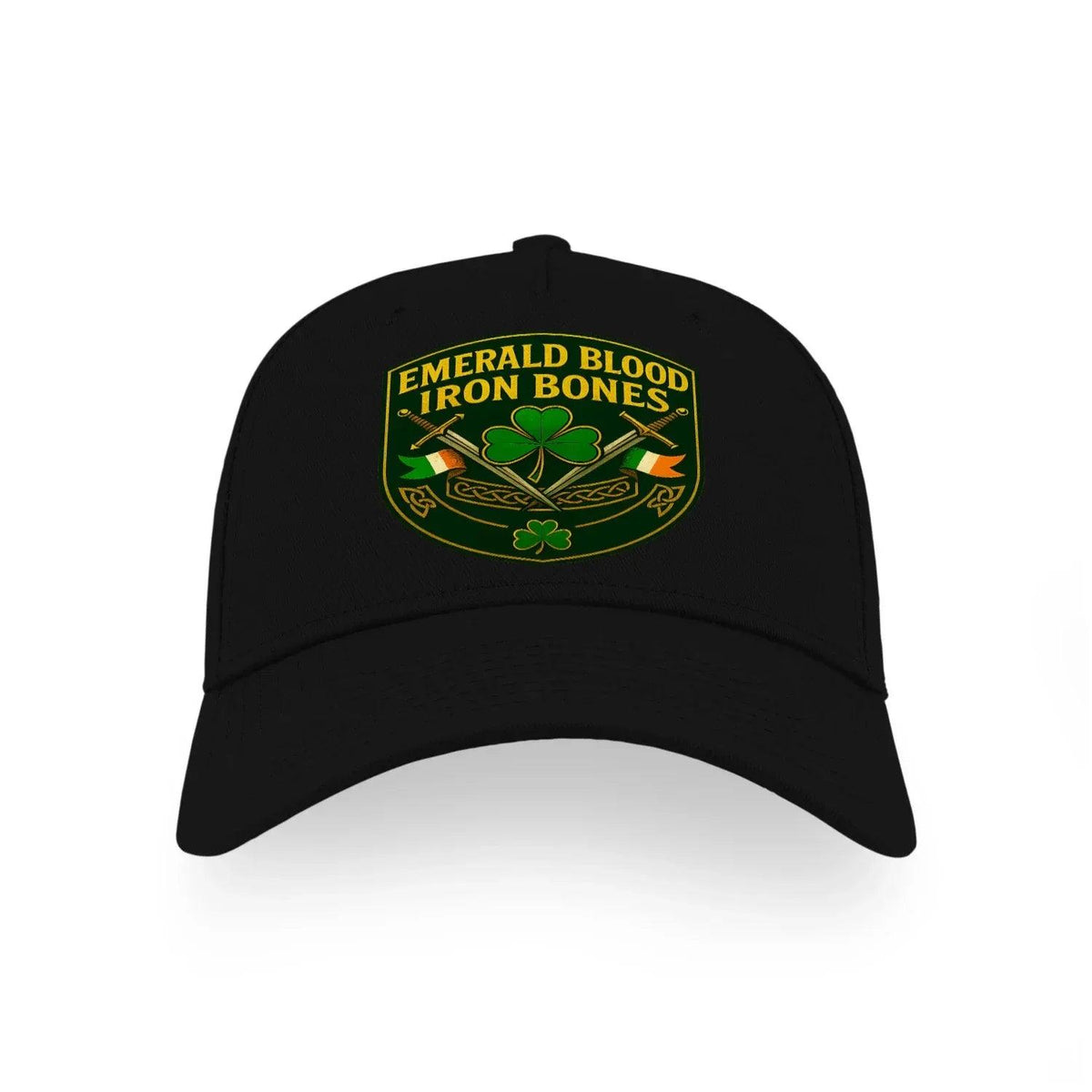 Black sports baseball cap with embroidered Emerald Blood Iron Bones logo